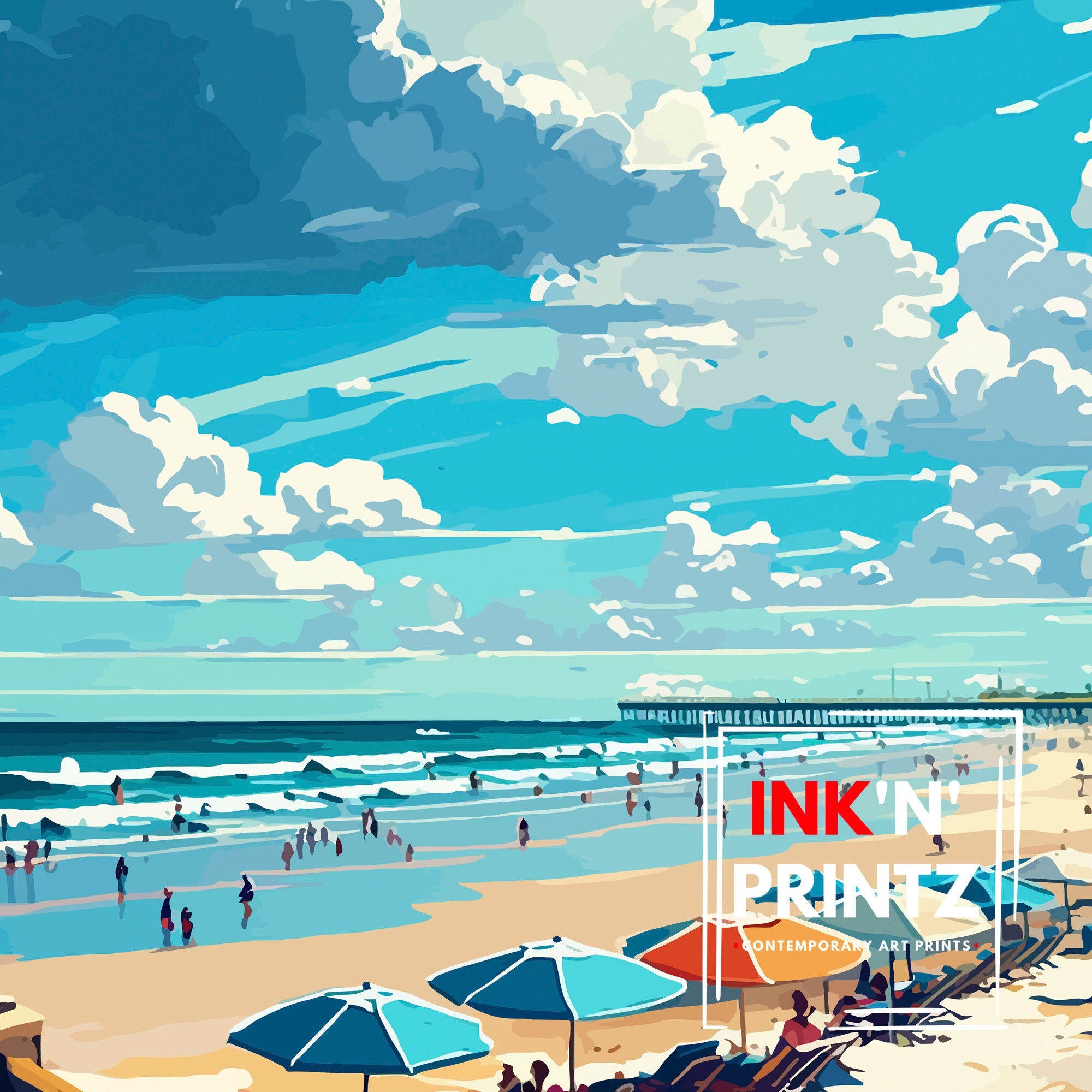 Del Mar Beach California Travel Print| Del Mar Wall Decor California Coastal Art Print Del Mar Home Living Decor Del Mar Beach Illustration