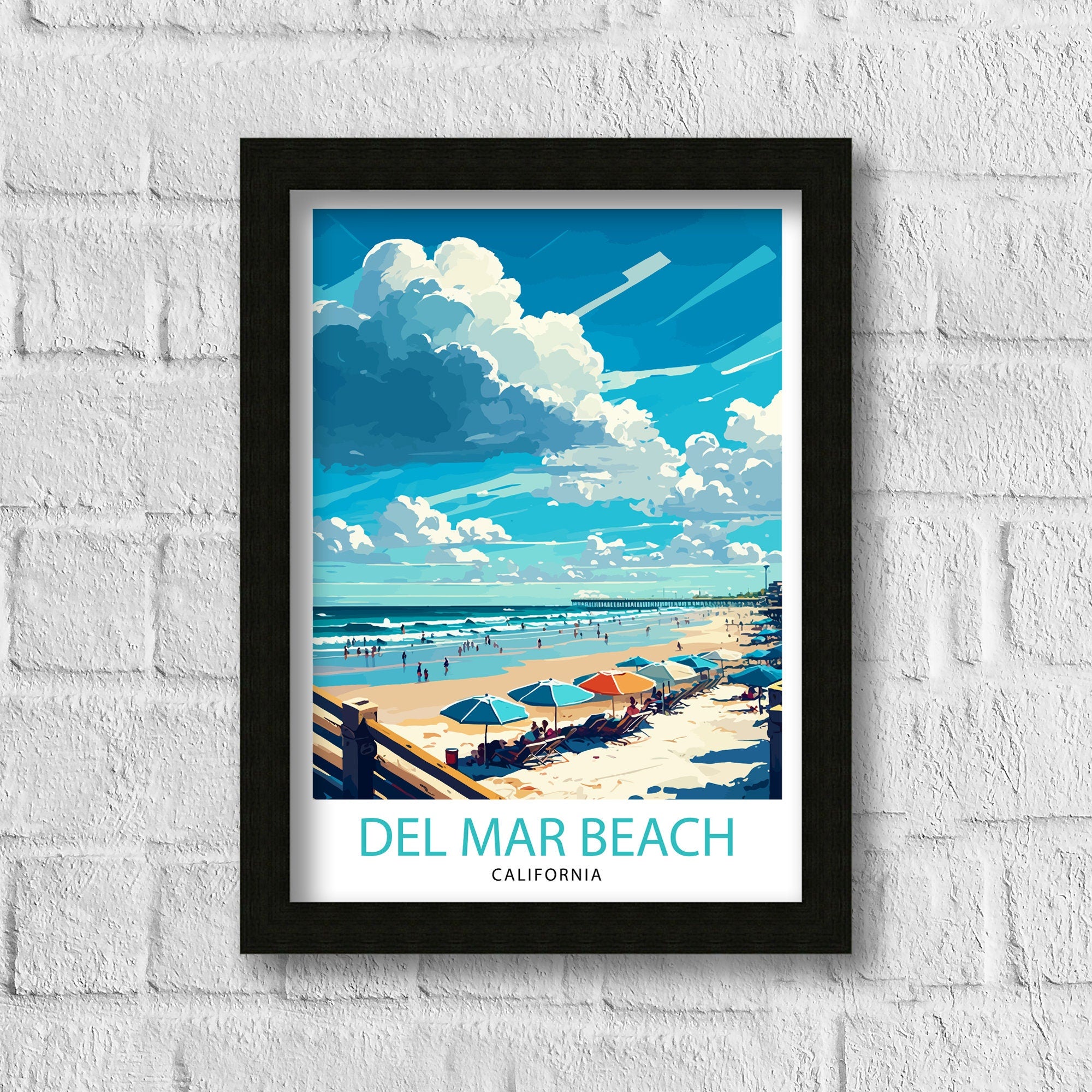 Del Mar Beach California Travel Print| Del Mar Wall Decor California Coastal Art Print Del Mar Home Living Decor Del Mar Beach Illustration