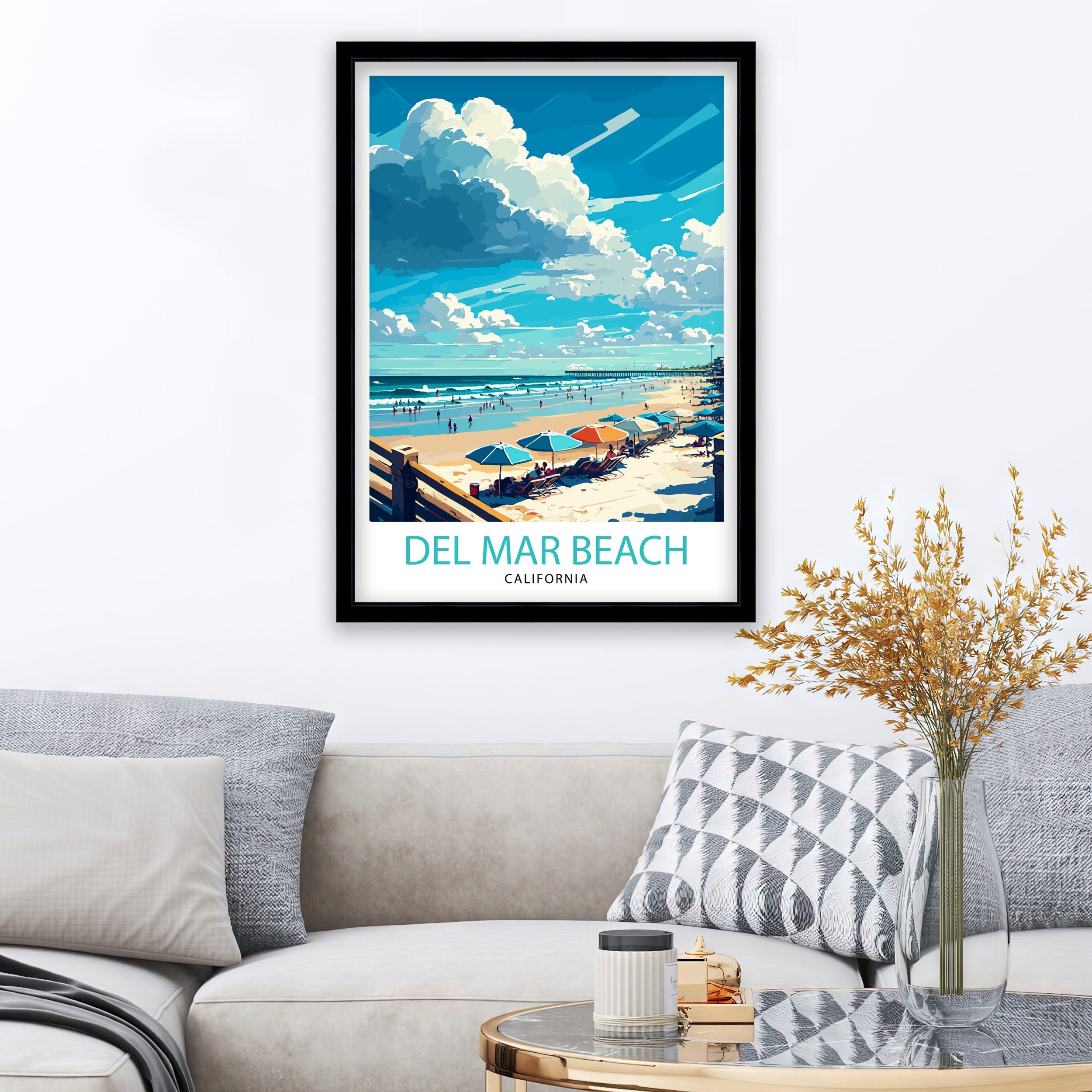 Del Mar Beach California Travel Print| Del Mar Wall Decor California Coastal Art Print Del Mar Home Living Decor Del Mar Beach Illustration