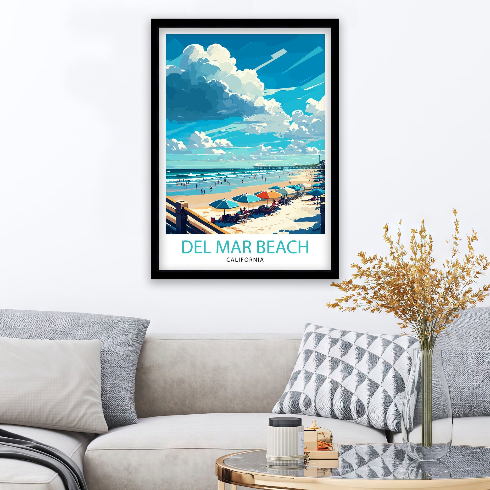Del Mar Beach California Travel Print| Del Mar Wall Decor California Coastal Art Print Del Mar Home Living Decor Del Mar Beach Illustration