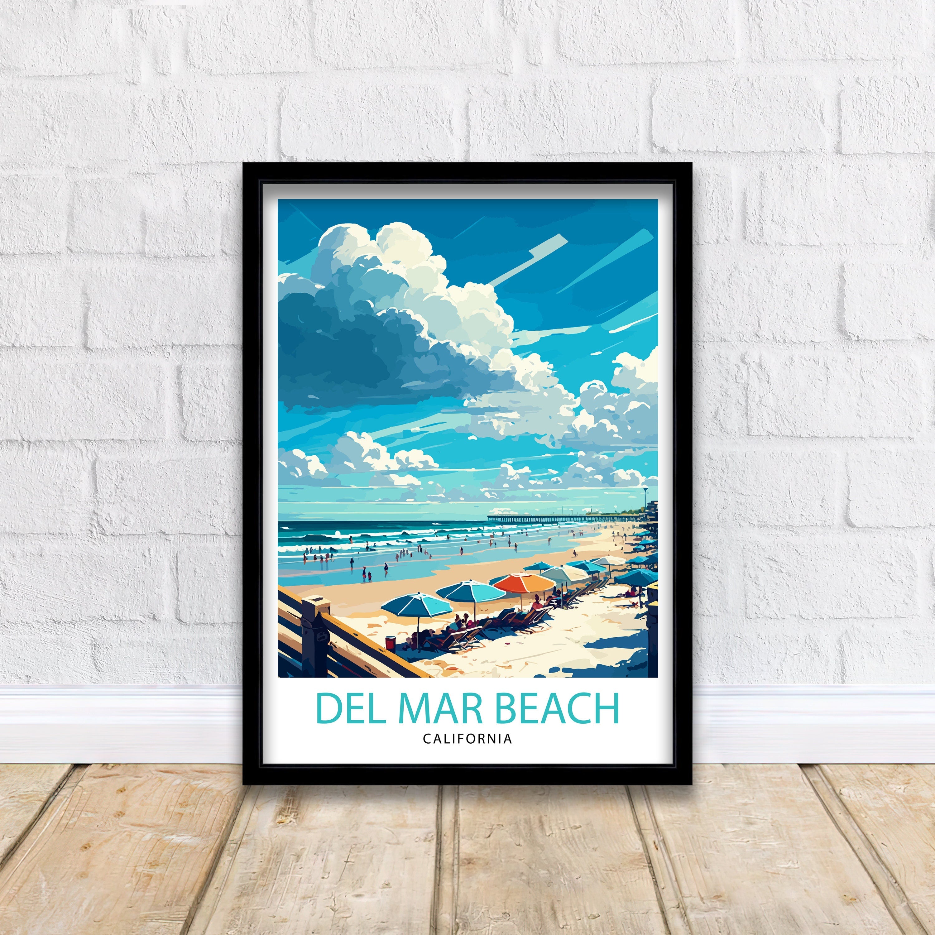Del Mar Beach California Travel Print| Del Mar Wall Decor California Coastal Art Print Del Mar Home Living Decor Del Mar Beach Illustration