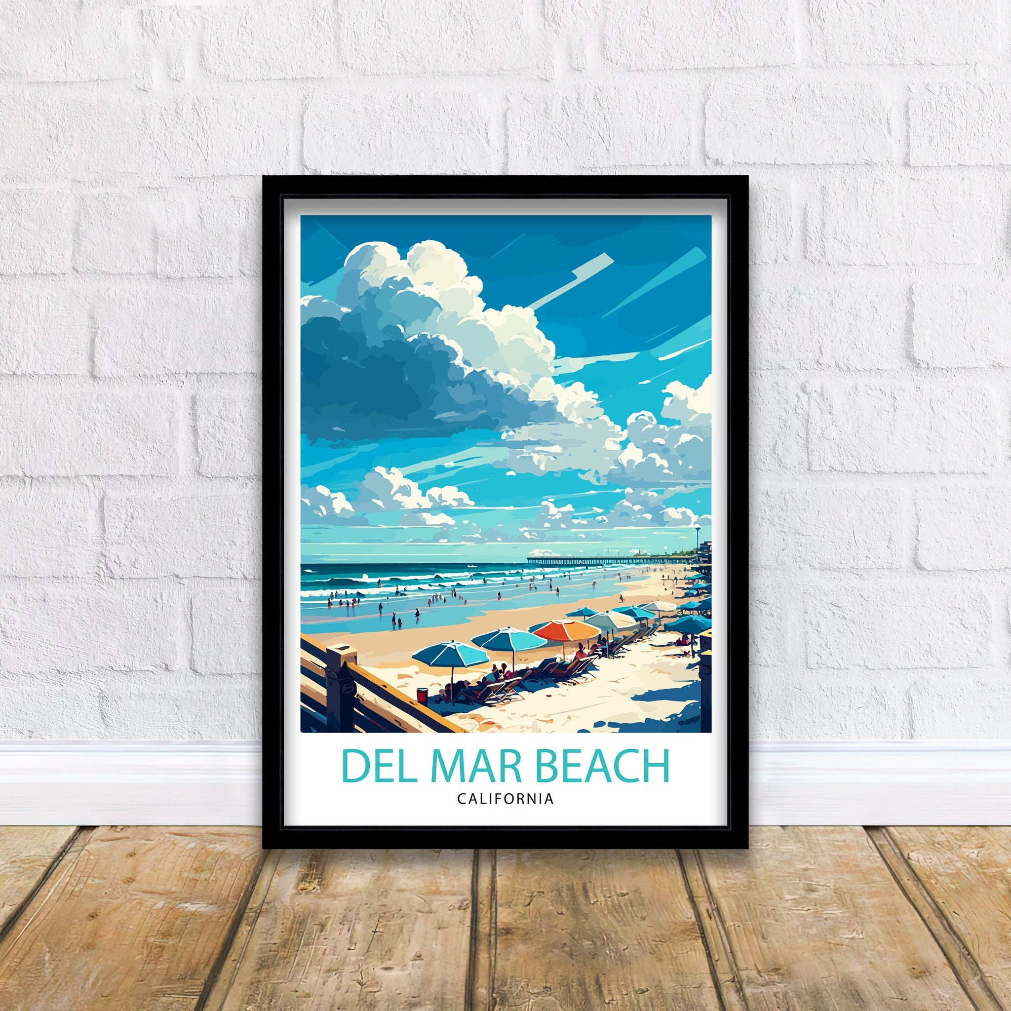 Del Mar Beach California Travel Print| Del Mar Wall Decor California Coastal Art Print Del Mar Home Living Decor Del Mar Beach Illustration