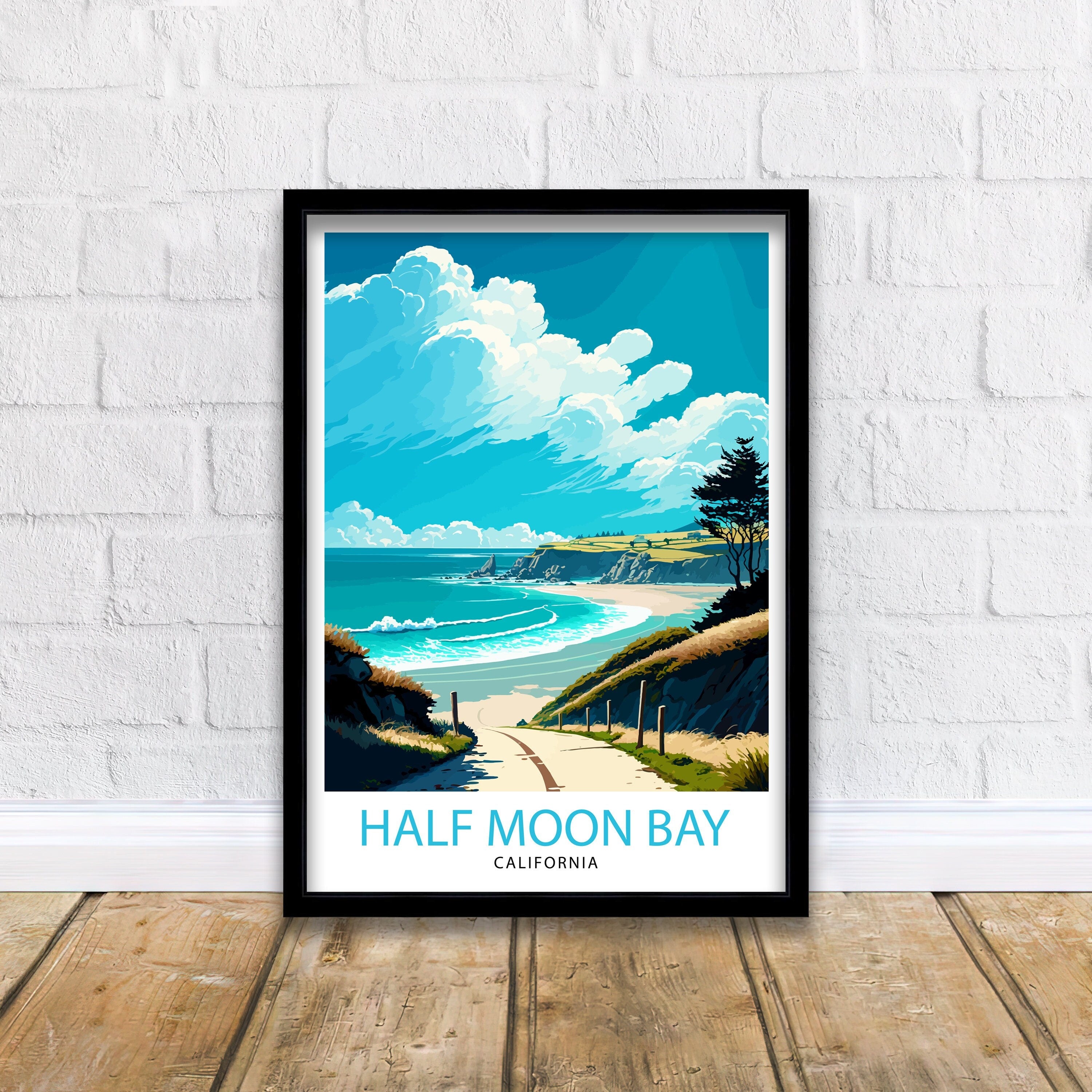 Half Moon Bay California Travel Print| Wall Art Decor Coastal Illustration Travel Poster California Beach Home Decor Gift for Beach Lovers