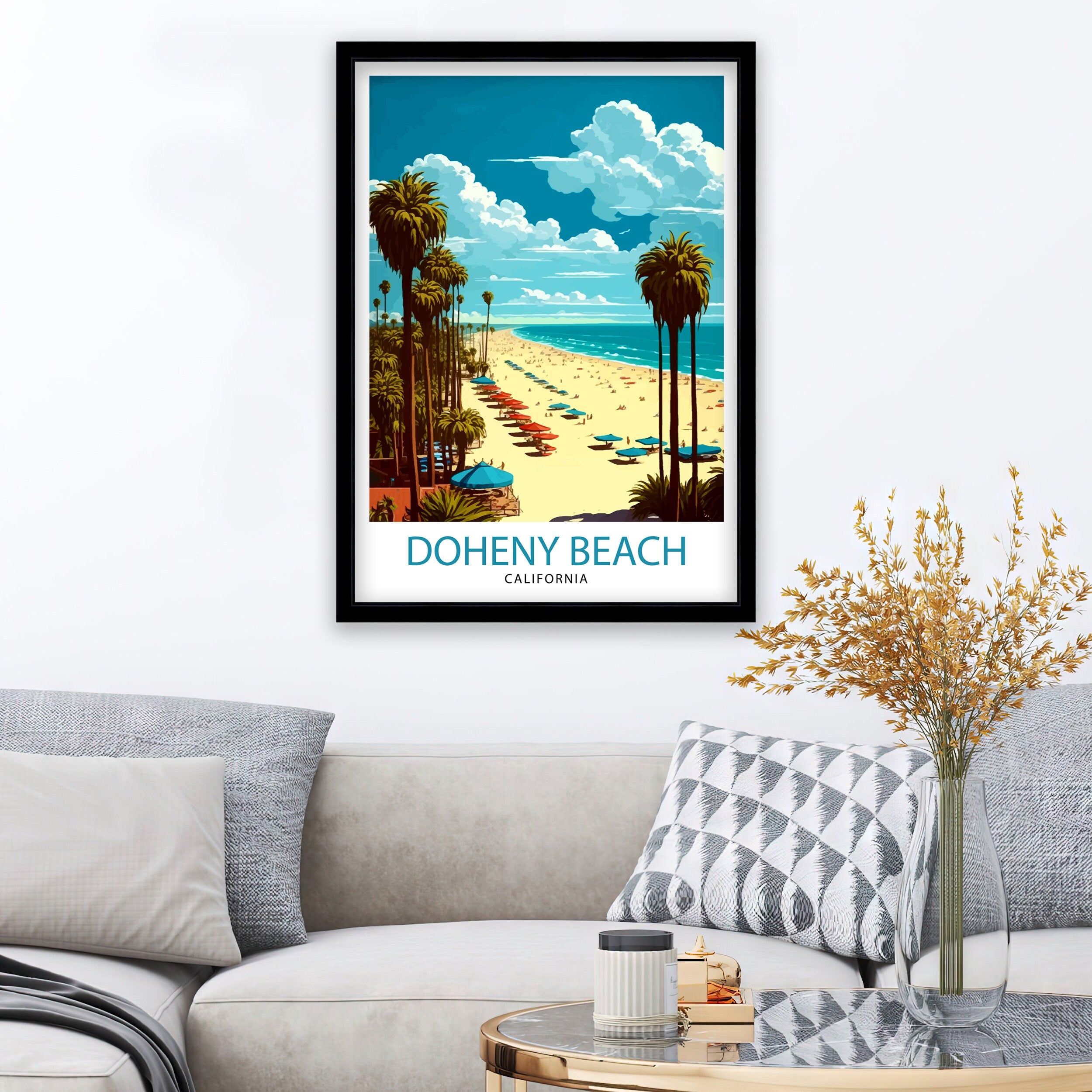 Doheny Beach California Travel Print, Doheny Beach Wall Decor, Doheny Beach Home Living Decor, Doheny Beach Illustration Travel Poster, Gift
