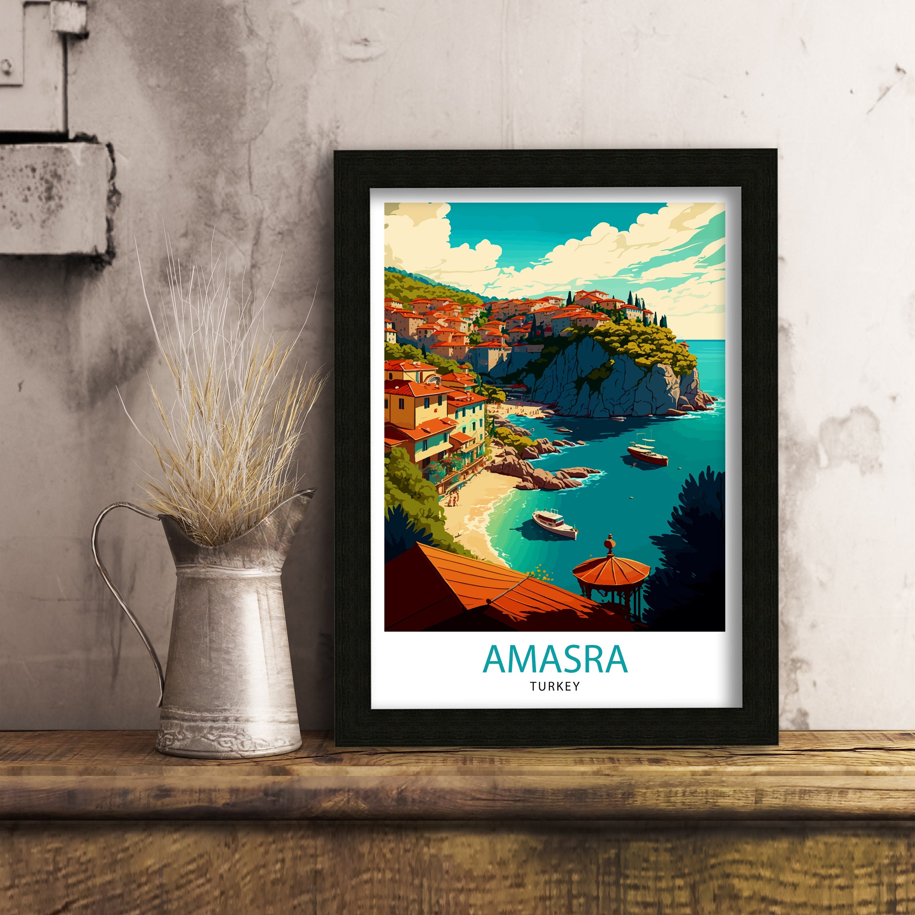 Amasra Turkey Travel Poster, Coastal Illustration Print