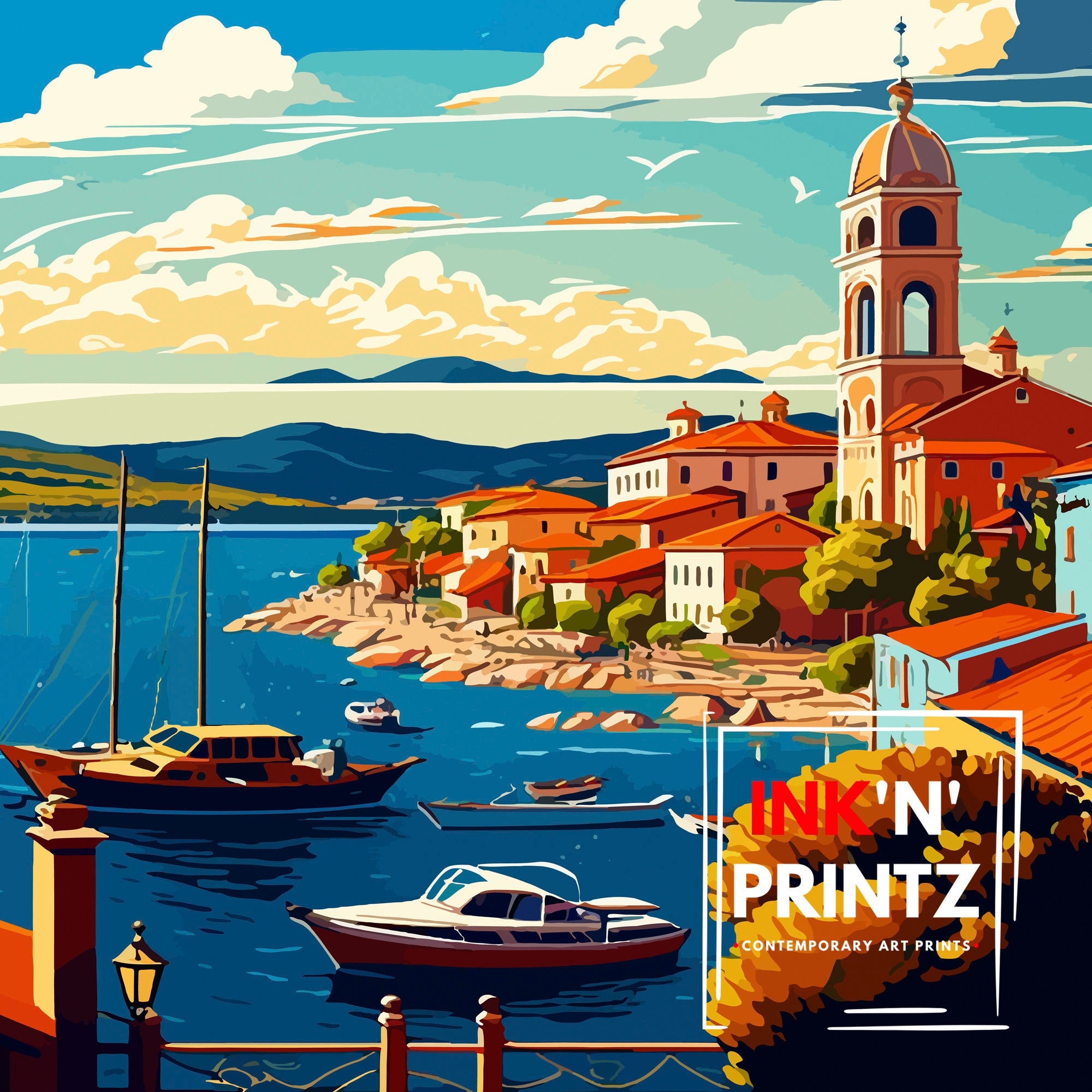Ayvalik Turkey Travel Poster, Coastal Illustration