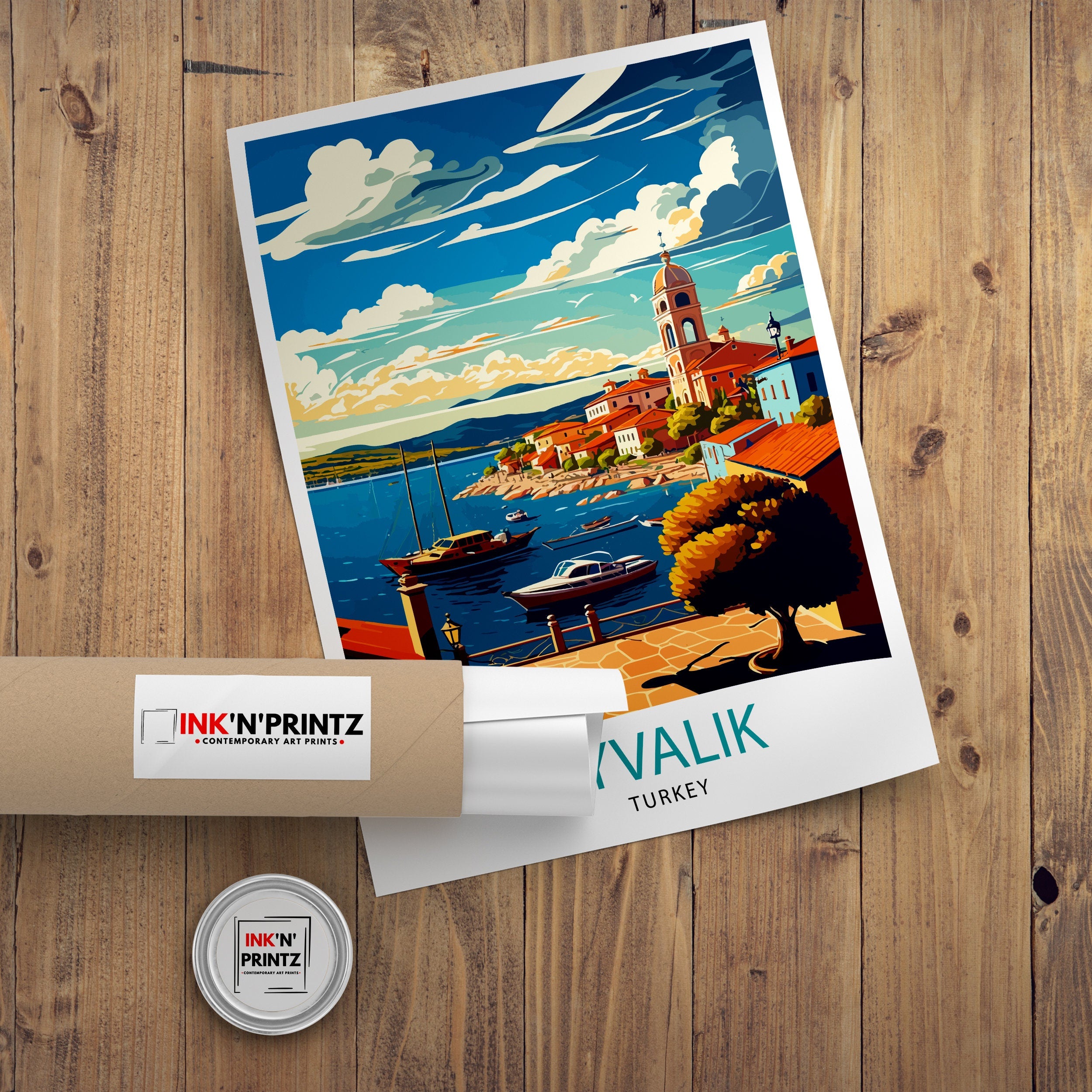 Ayvalik Turkey Travel Poster, Coastal Illustration