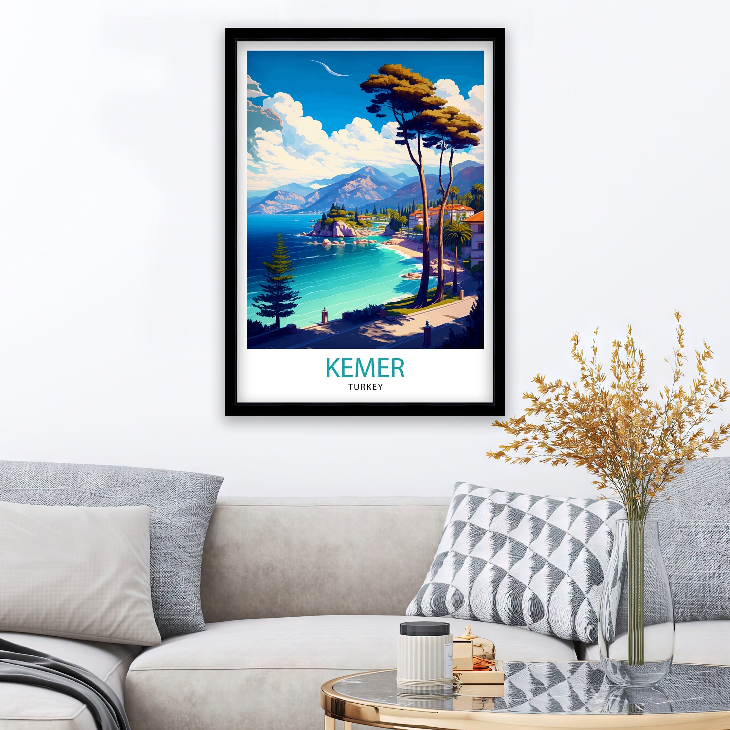 Kemer Turkey Travel Poster, Coastal Illustration Art Print