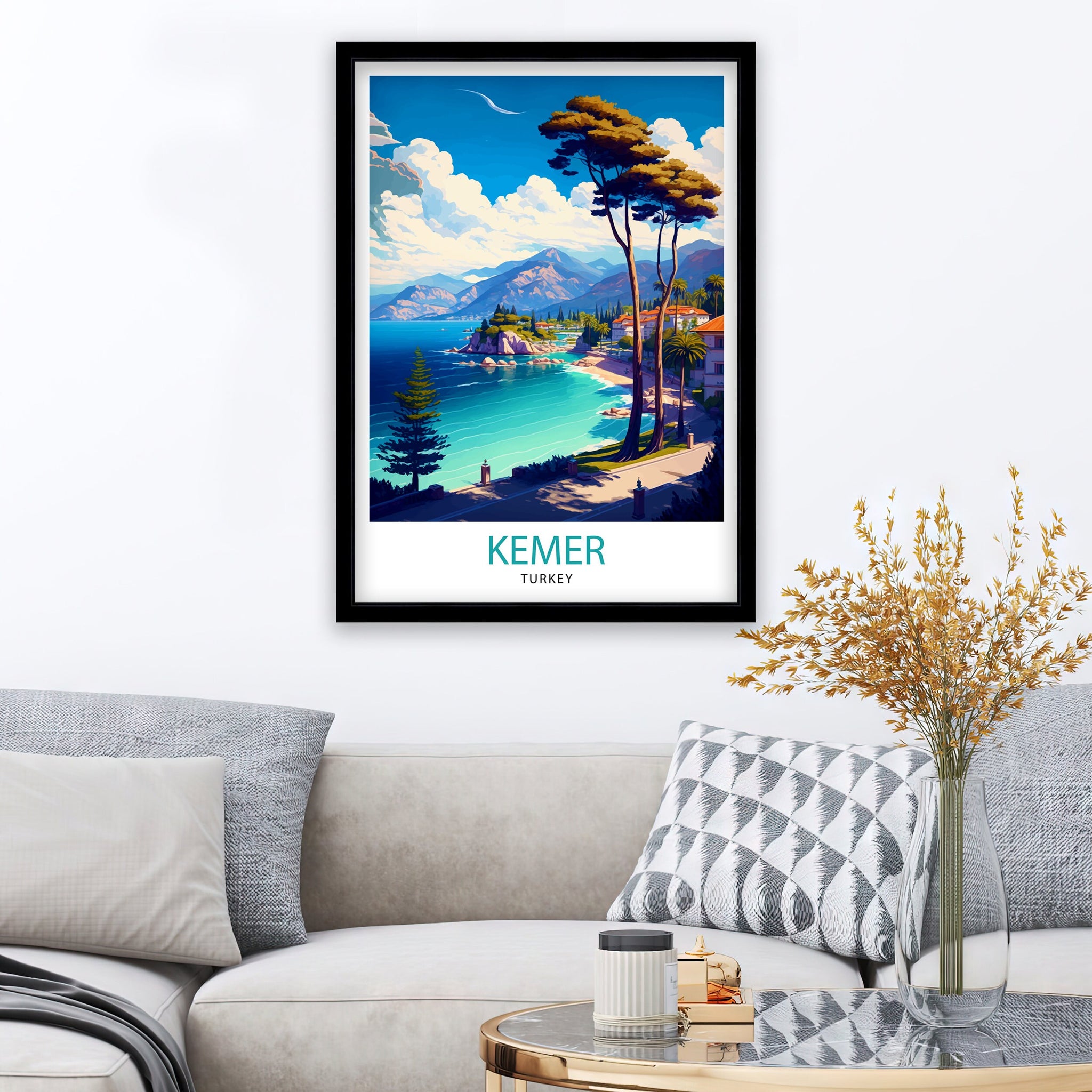 Kemer Turkey Travel Poster, Coastal Illustration Art Print