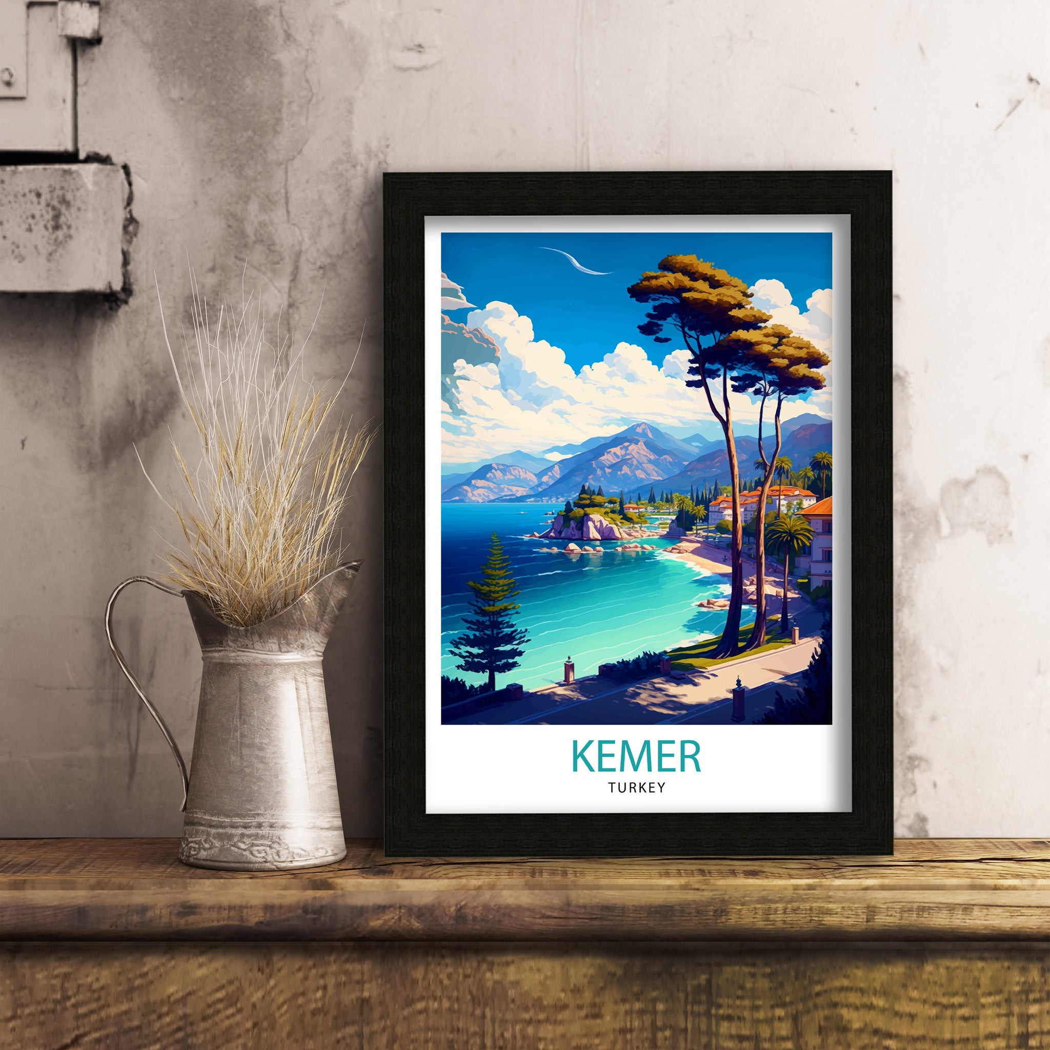 Kemer Turkey Travel Poster, Coastal Illustration Art Print