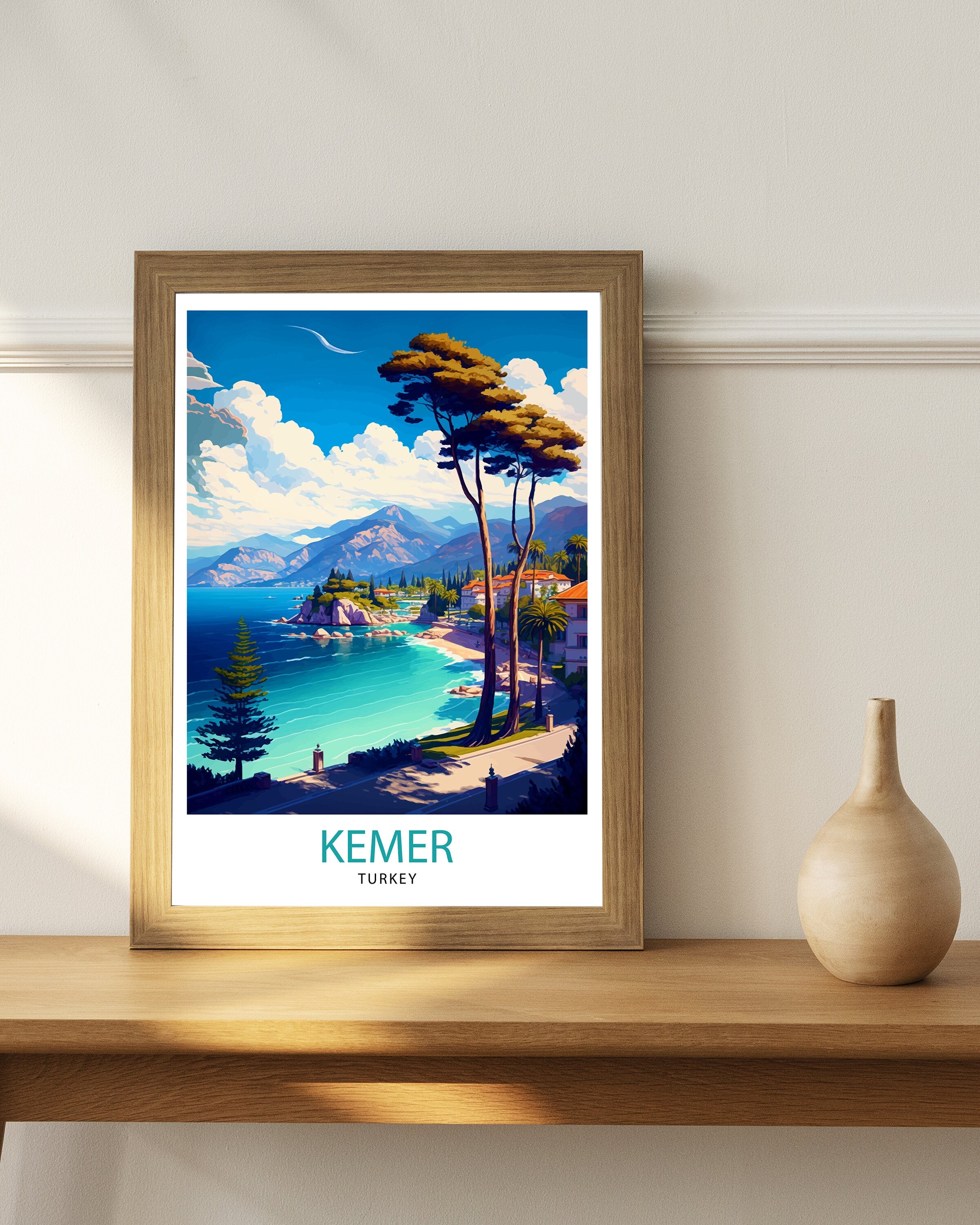 Kemer Turkey Travel Poster, Coastal Illustration Art Print