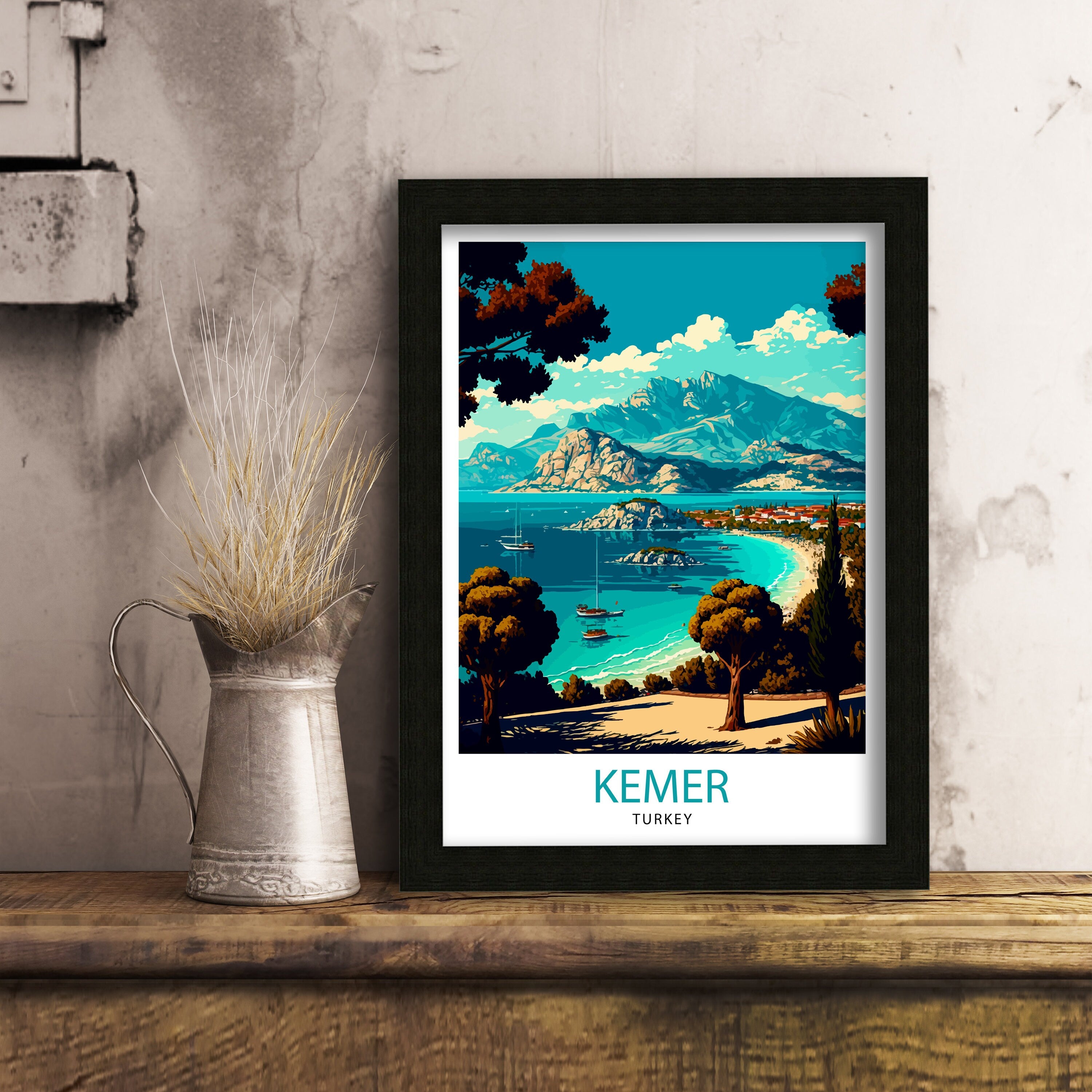 Kemer Turkey Travel Print, Coastal Illustration Art