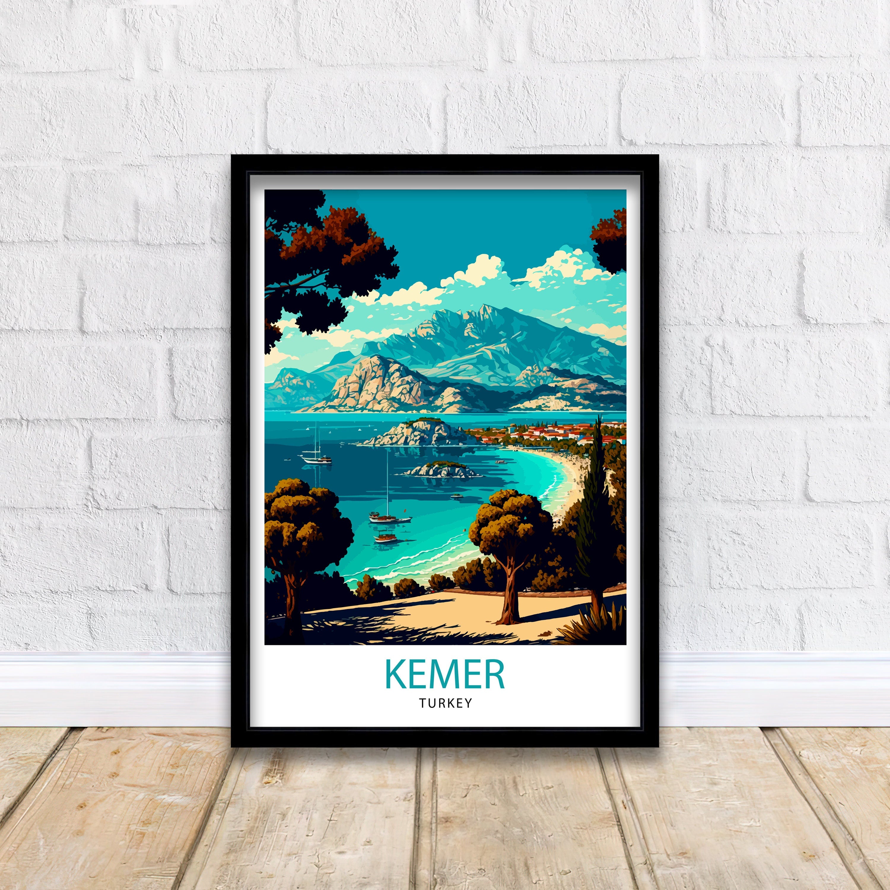 Kemer Turkey Travel Print, Coastal Illustration Art