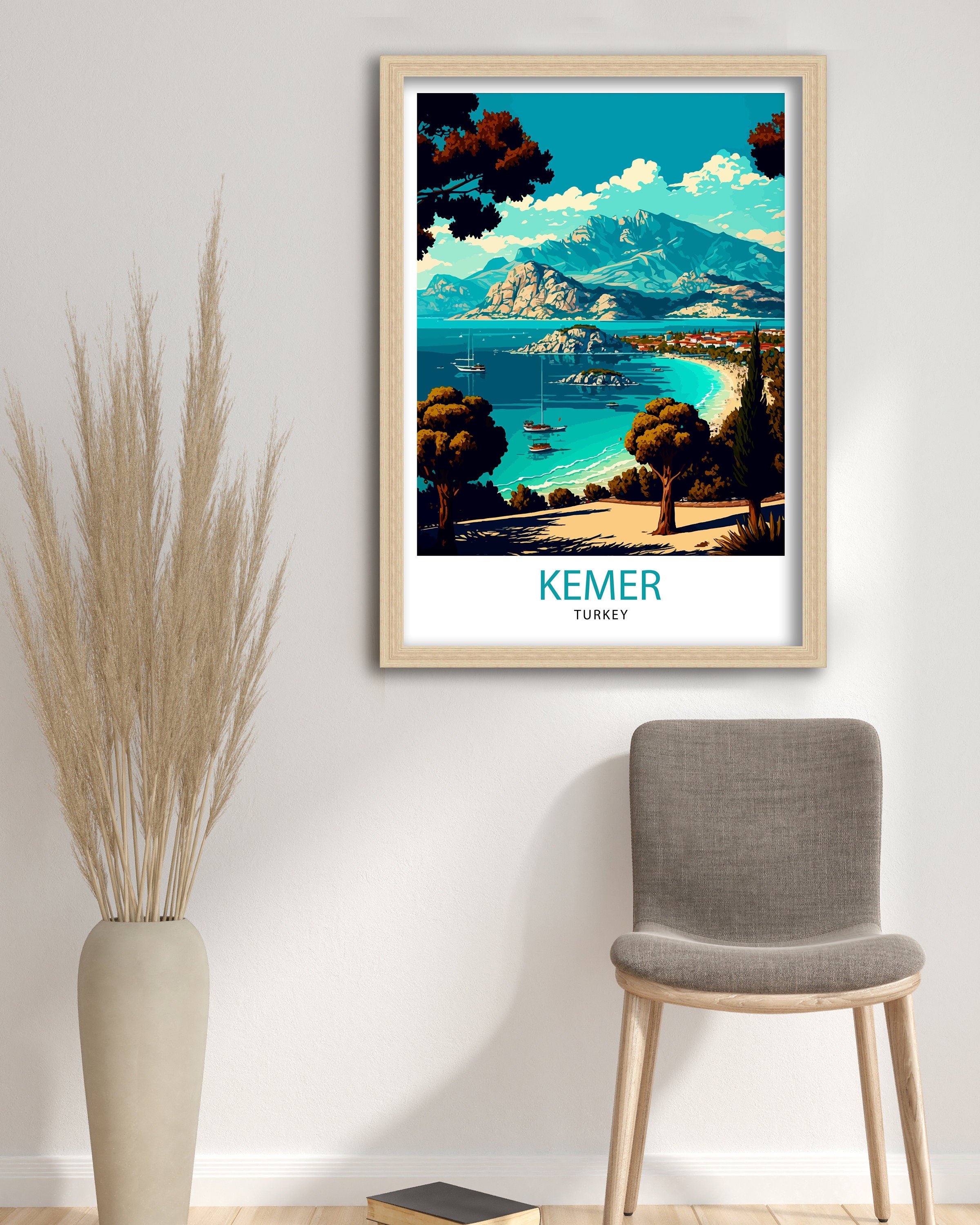 Kemer Turkey Travel Print, Coastal Illustration Art