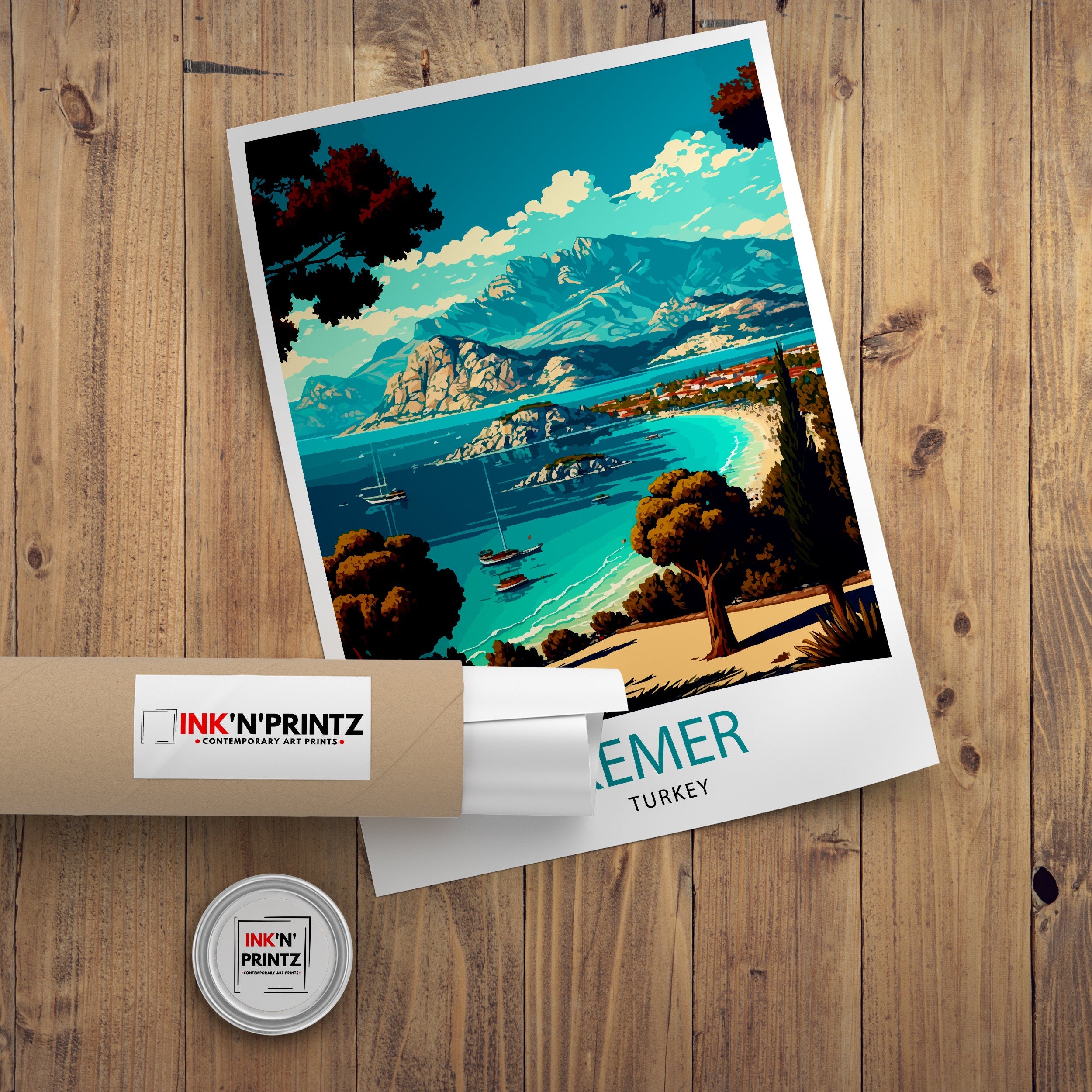 Kemer Turkey Travel Print, Coastal Illustration Art