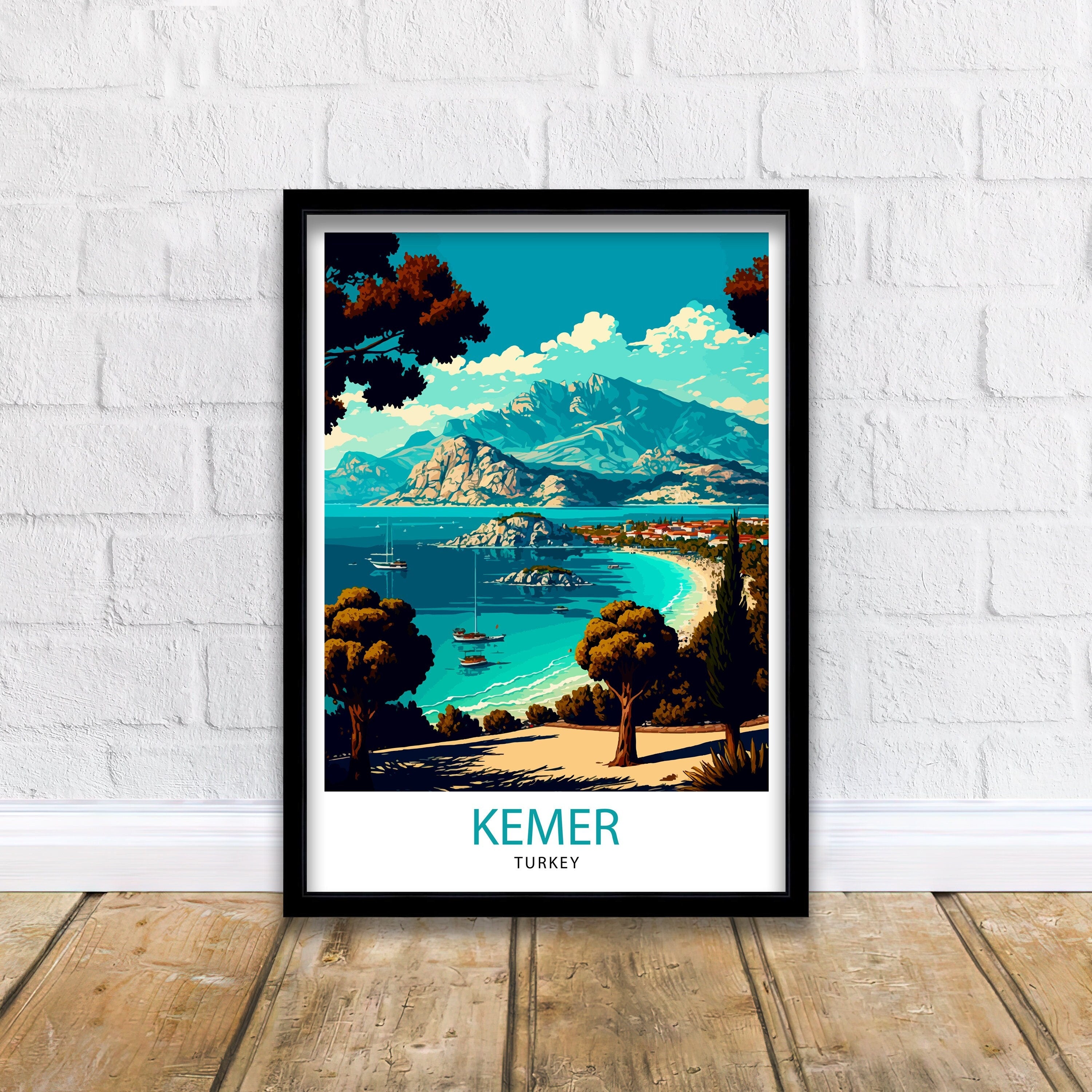 Kemer Turkey Travel Print, Coastal Illustration Art