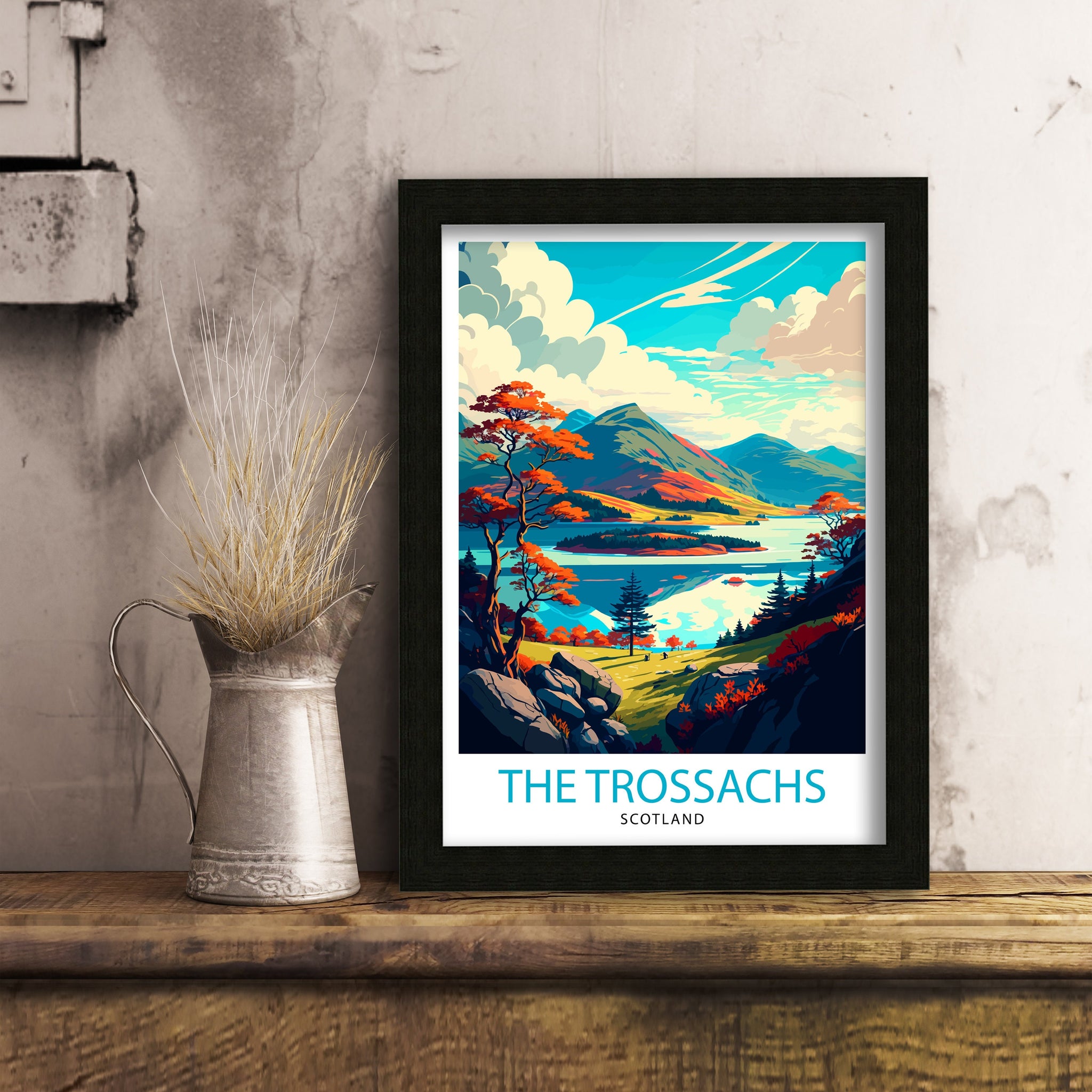 Trossachs Scotland Travel Poster, Landscape Illustration
