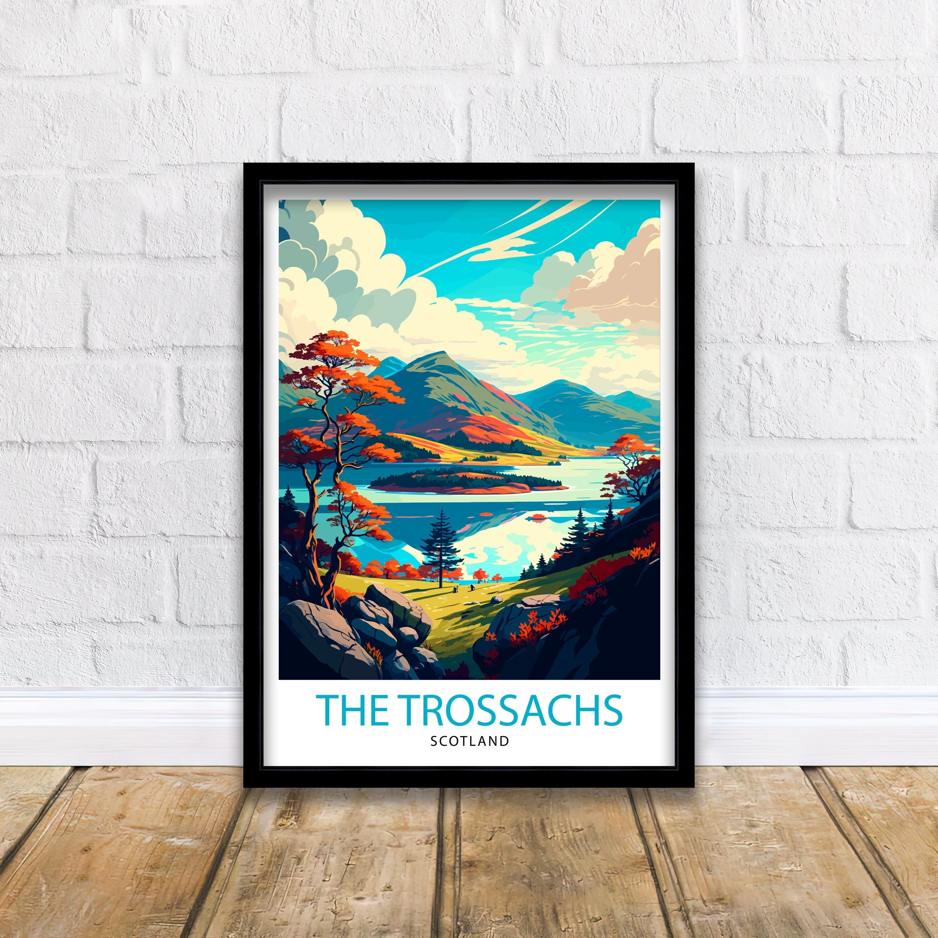 Trossachs Scotland Travel Poster, Landscape Illustration