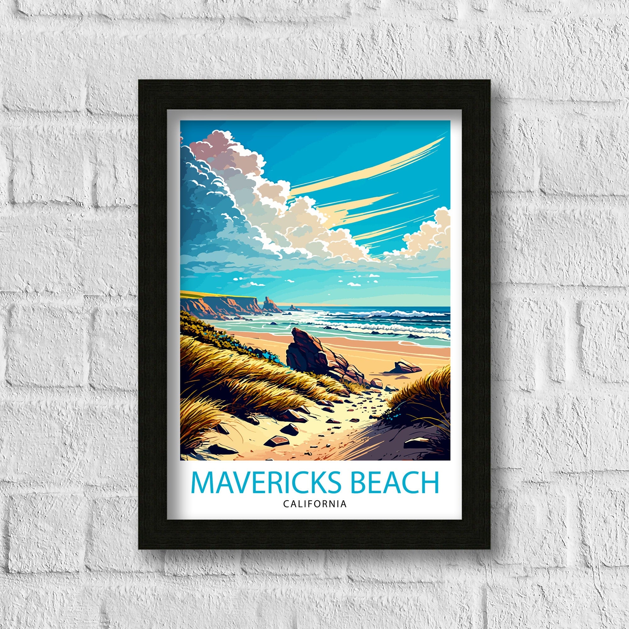 Mavericks Beach California Art Print | Surfing Travel Poster