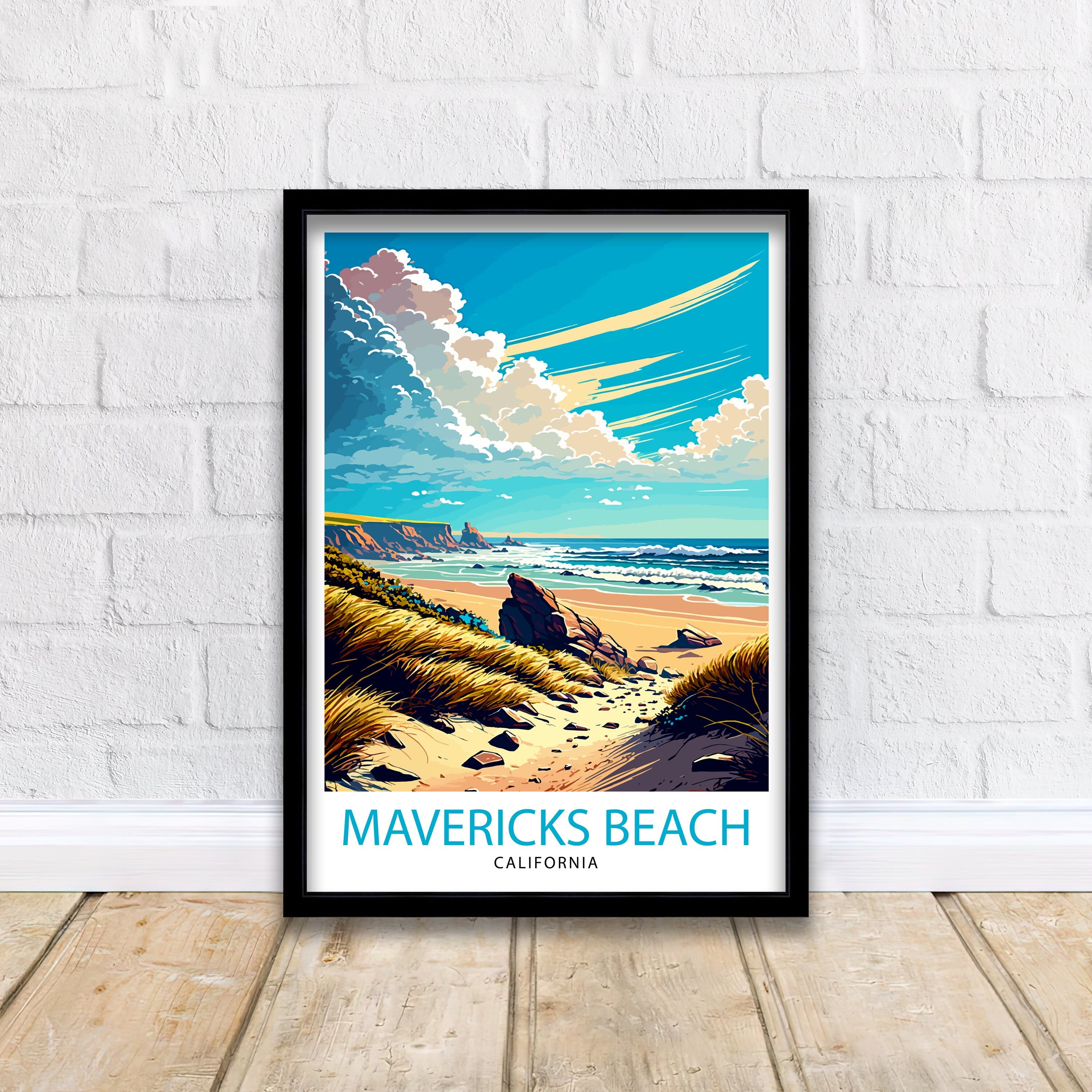 Mavericks Beach California Art Print | Surfing Travel Poster