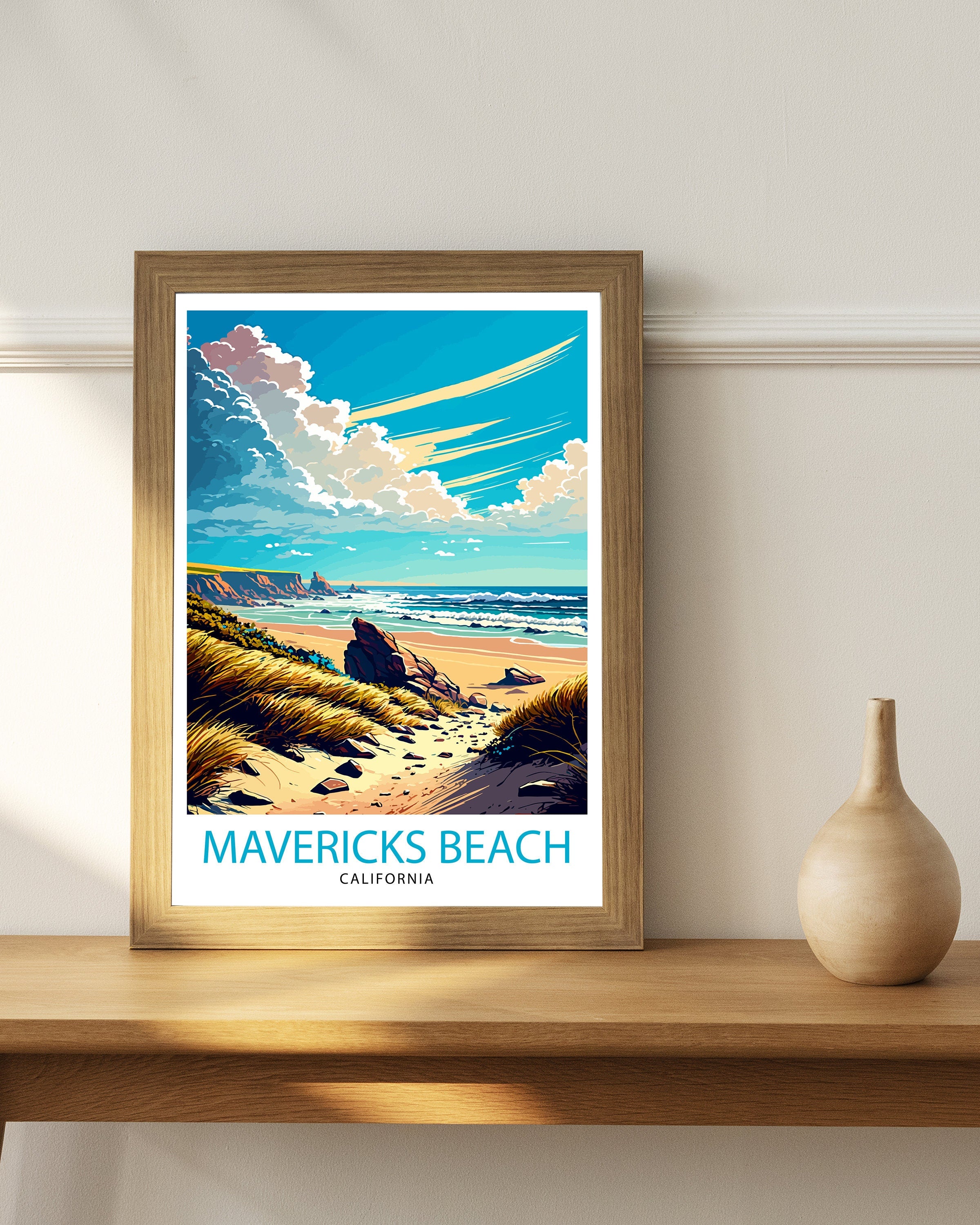 Mavericks Beach California Art Print | Surfing Travel Poster