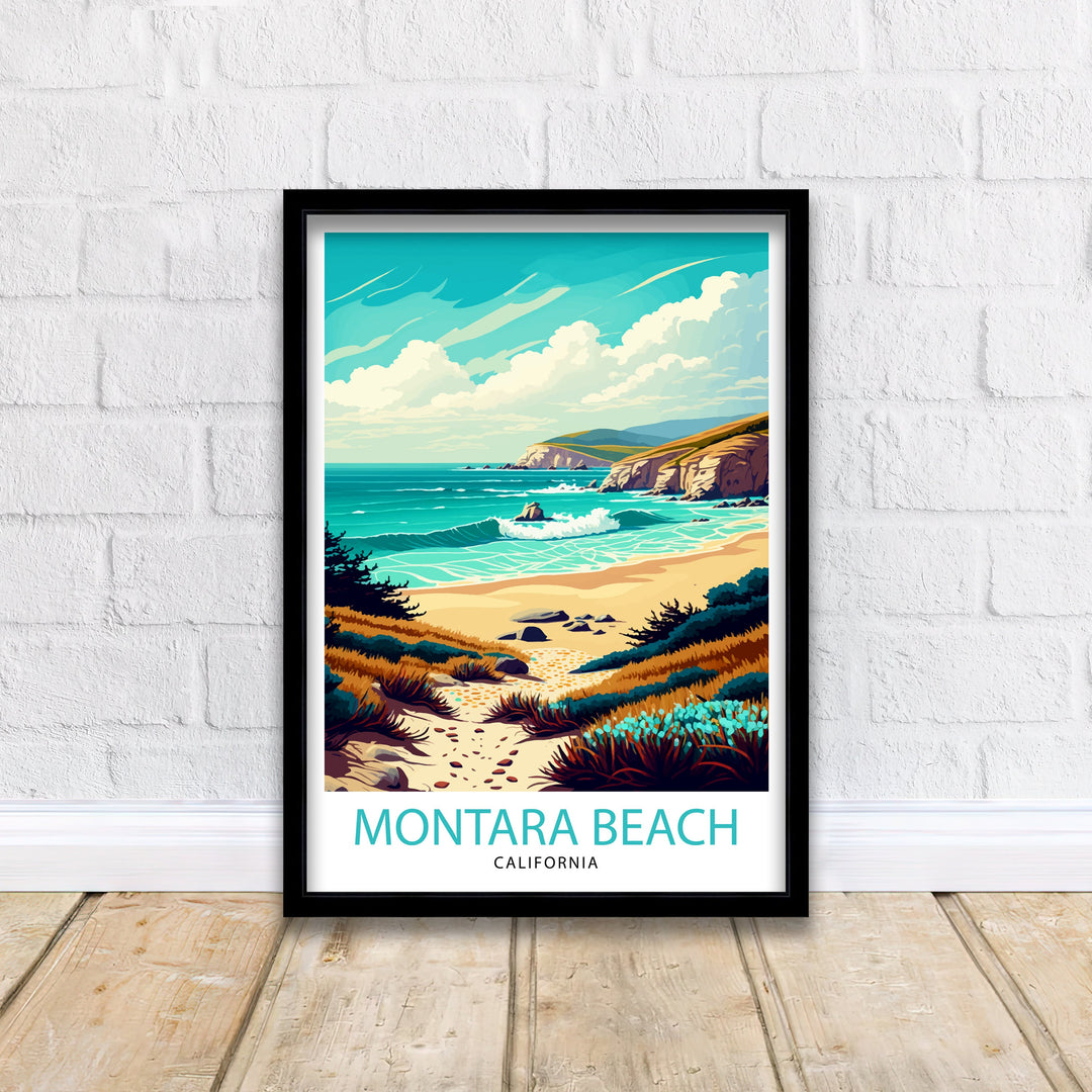 Montara Beach California Travel Print| Montara Wall Art Montara Beach Home Decor California Coast Illustration Print Montara Travel Poster
