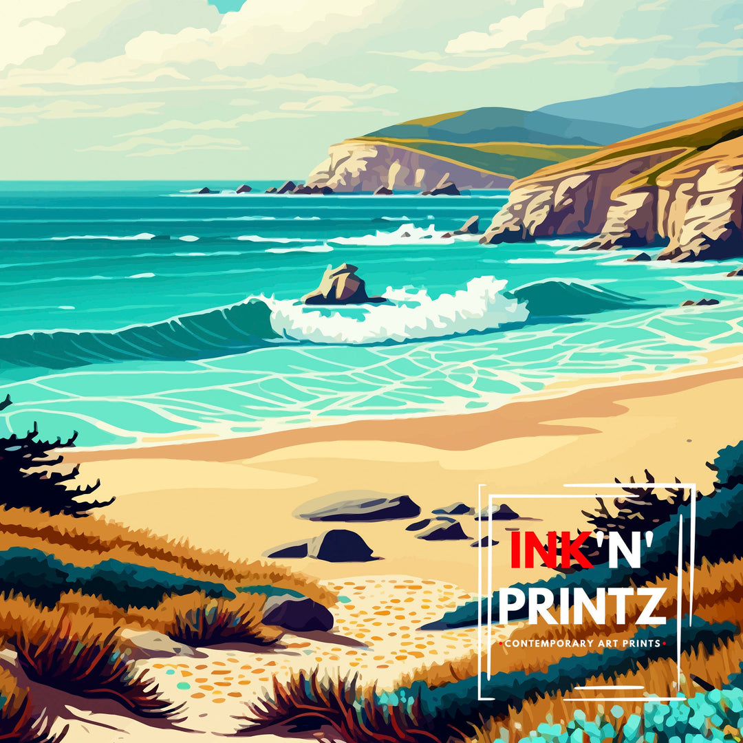 Montara Beach California Travel Print| Montara Wall Art Montara Beach Home Decor California Coast Illustration Print Montara Travel Poster
