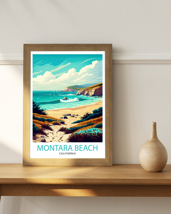 Montara Beach California Travel Print| Montara Wall Art Montara Beach Home Decor California Coast Illustration Print Montara Travel Poster