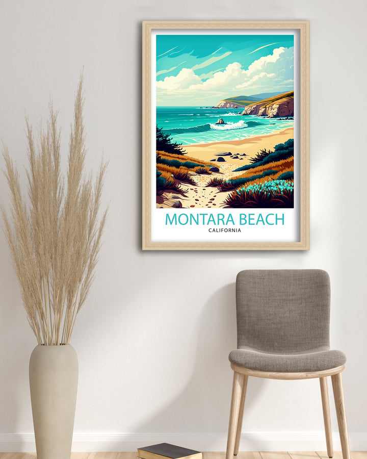 Montara Beach California Travel Print| Montara Wall Art Montara Beach Home Decor California Coast Illustration Print Montara Travel Poster