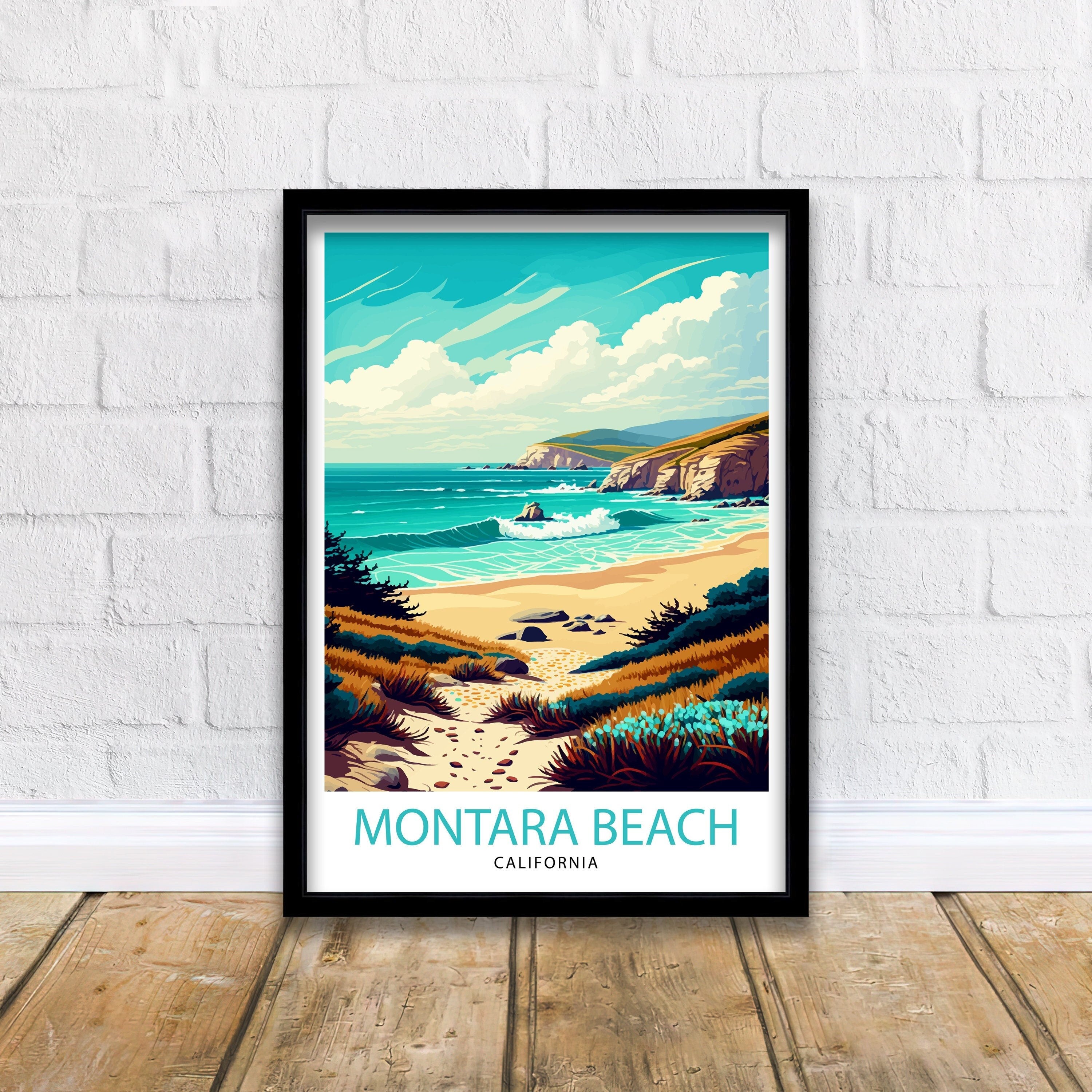 Montara Beach California Travel Print| Montara Wall Art Montara Beach Home Decor California Coast Illustration Print Montara Travel Poster