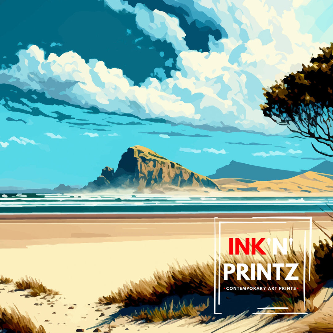 Morro Strand California Travel Print| Morro Bay Wall Art Coastal Living Decor Morro Strand Beach Illustration California Travel Poster