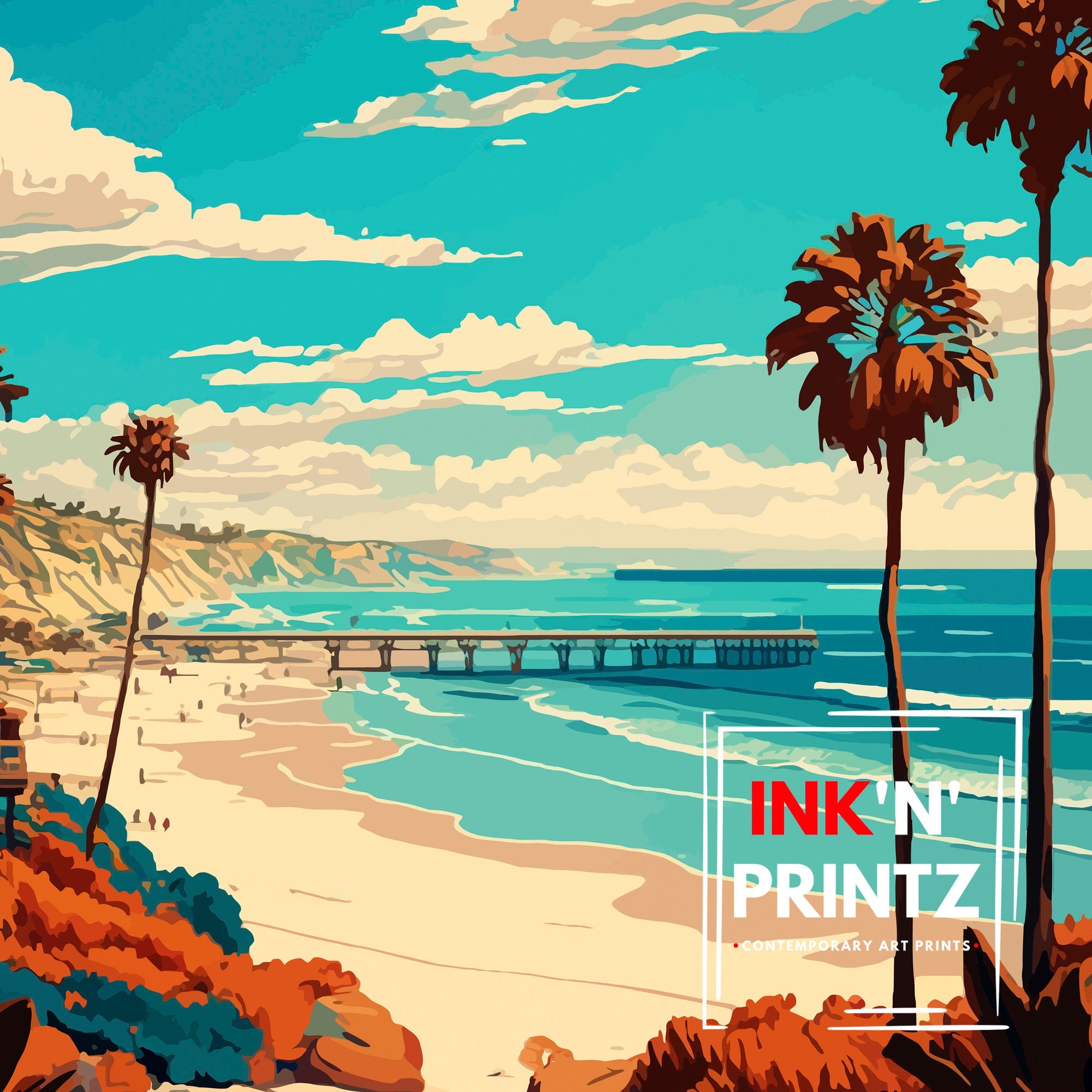 San Clemente Beach California Travel Print| Poster Coastal Wall Decor Surfing Art Home Living Decor California Illustration Travel