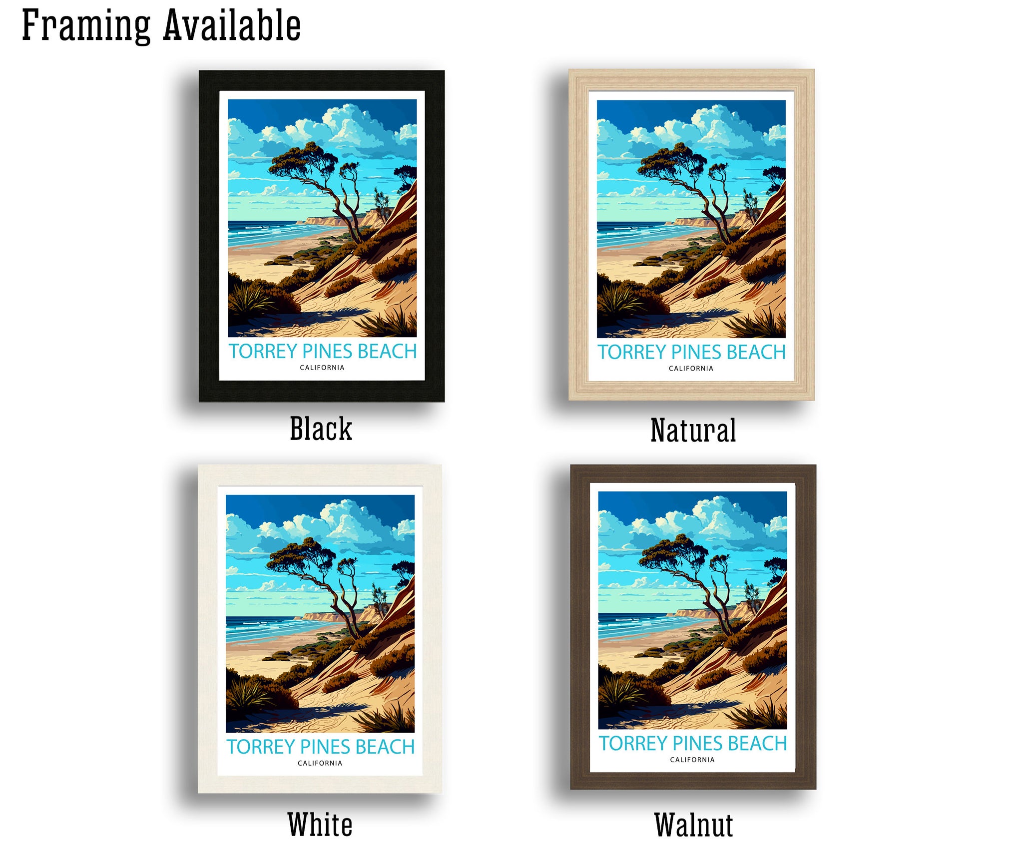 Torrey Pines Beach California Travel Print| Torrey Pines Wall Decor Torrey Pines Home Living Decor Torrey Pines Illustration Travel Poster