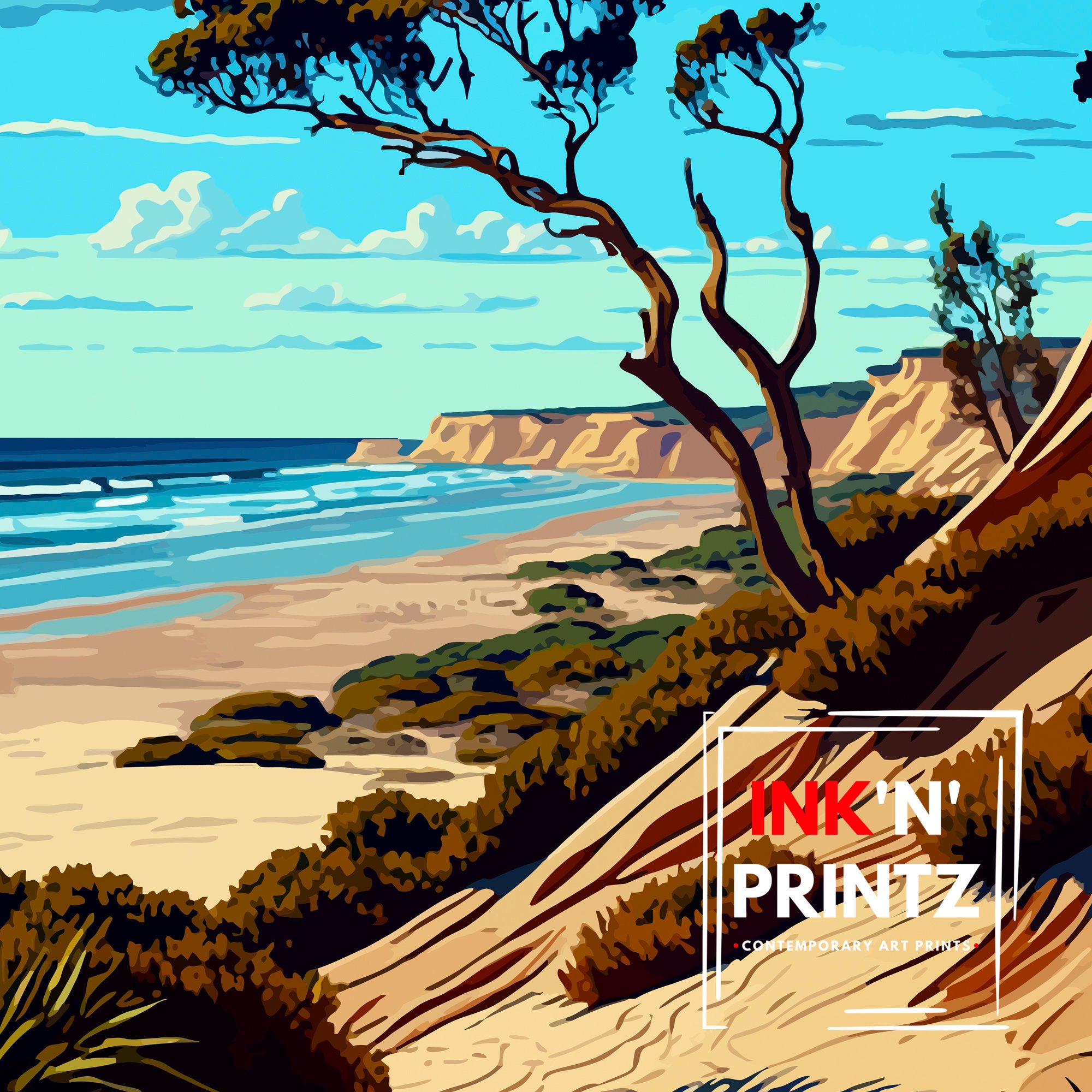 Torrey Pines Beach California Travel Print| Torrey Pines Wall Decor Torrey Pines Home Living Decor Torrey Pines Illustration Travel Poster