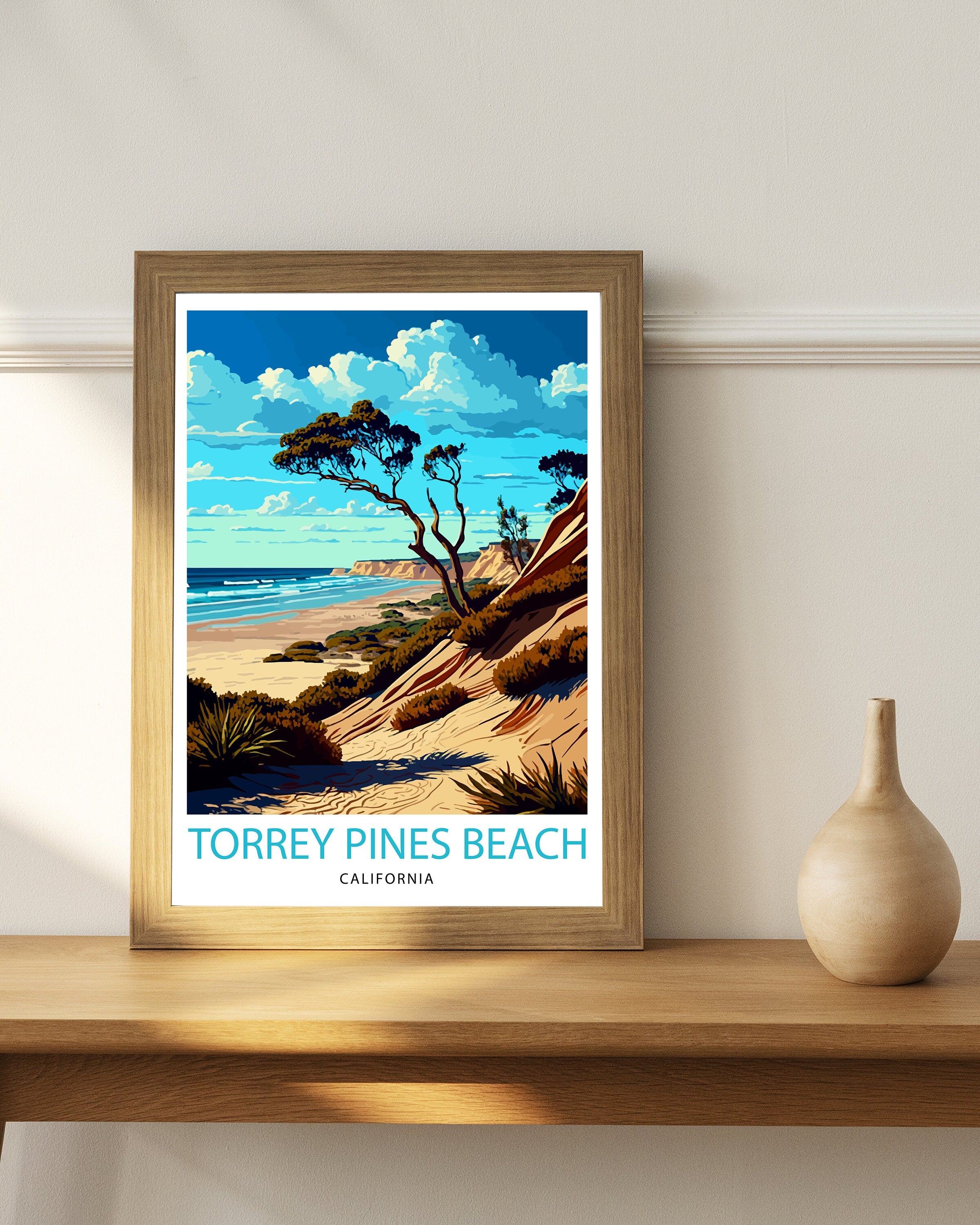 Torrey Pines Beach California Travel Print| Torrey Pines Wall Decor Torrey Pines Home Living Decor Torrey Pines Illustration Travel Poster