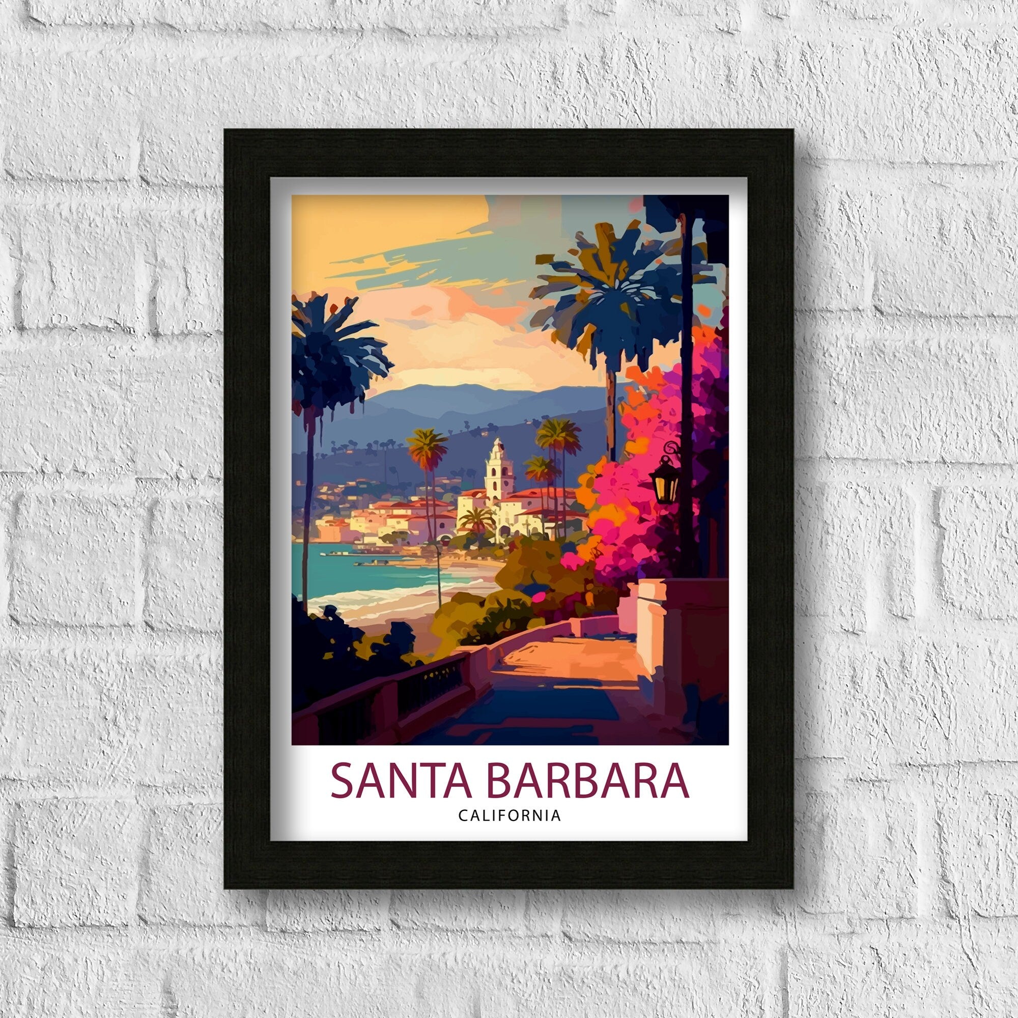 Santa Barbara California Travel Print| Santa Barbara Wall Decor Santa Barbara Home Living Decor Santa Barbara California Illustration Travel