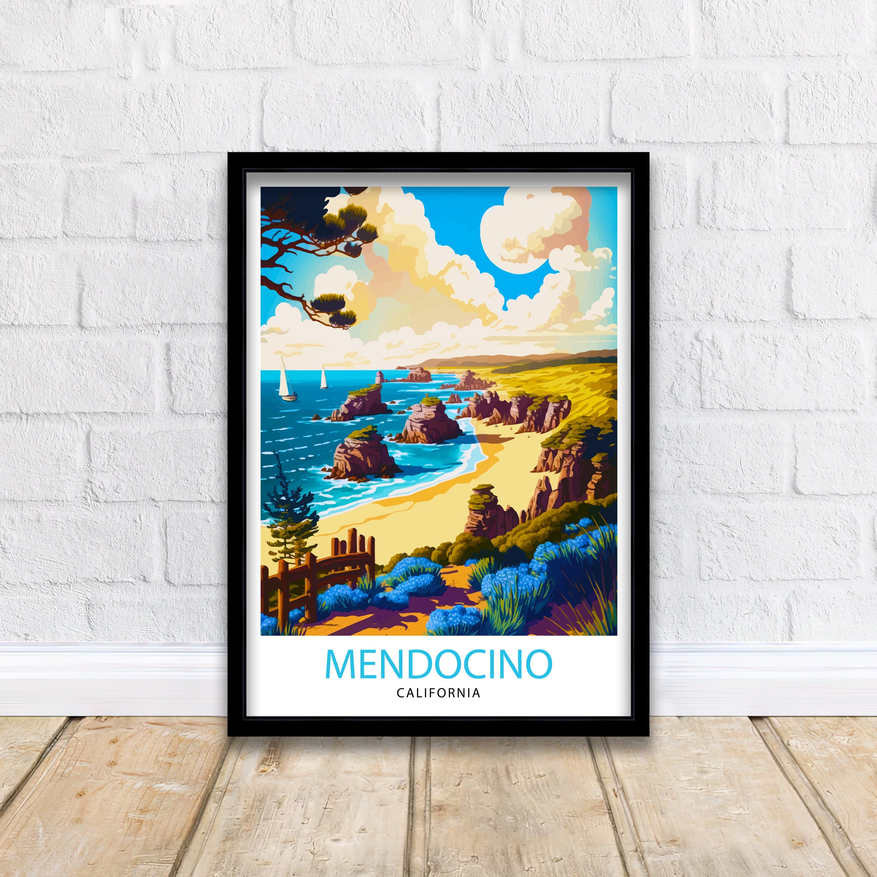 Mendocino California Travel Print| Mendocino Wall Decor Mendocino Illustration Travel Poster Gift For Mendocino California Home Decor