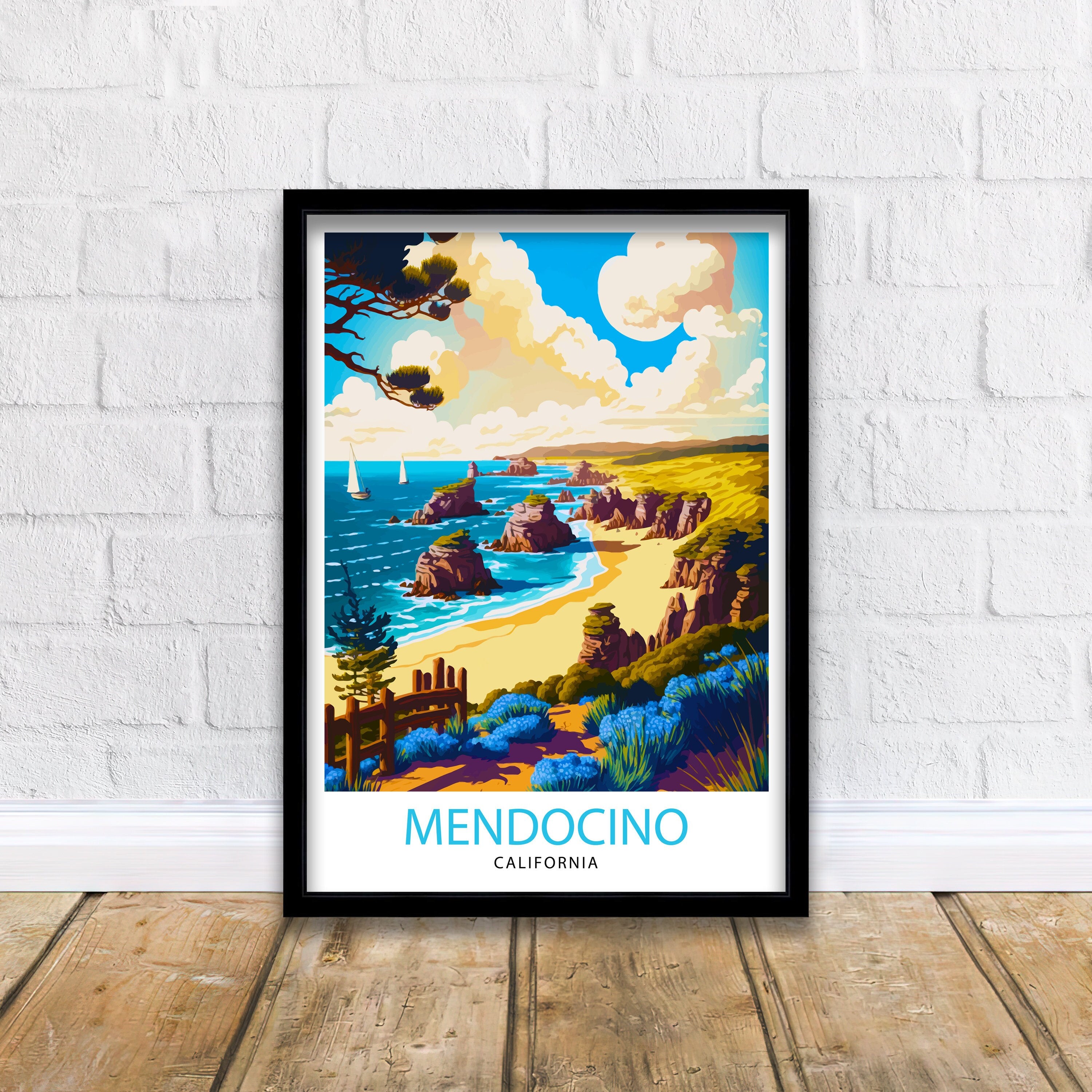 Mendocino California Travel Print| Mendocino Wall Decor Mendocino Illustration Travel Poster Gift For Mendocino California Home Decor