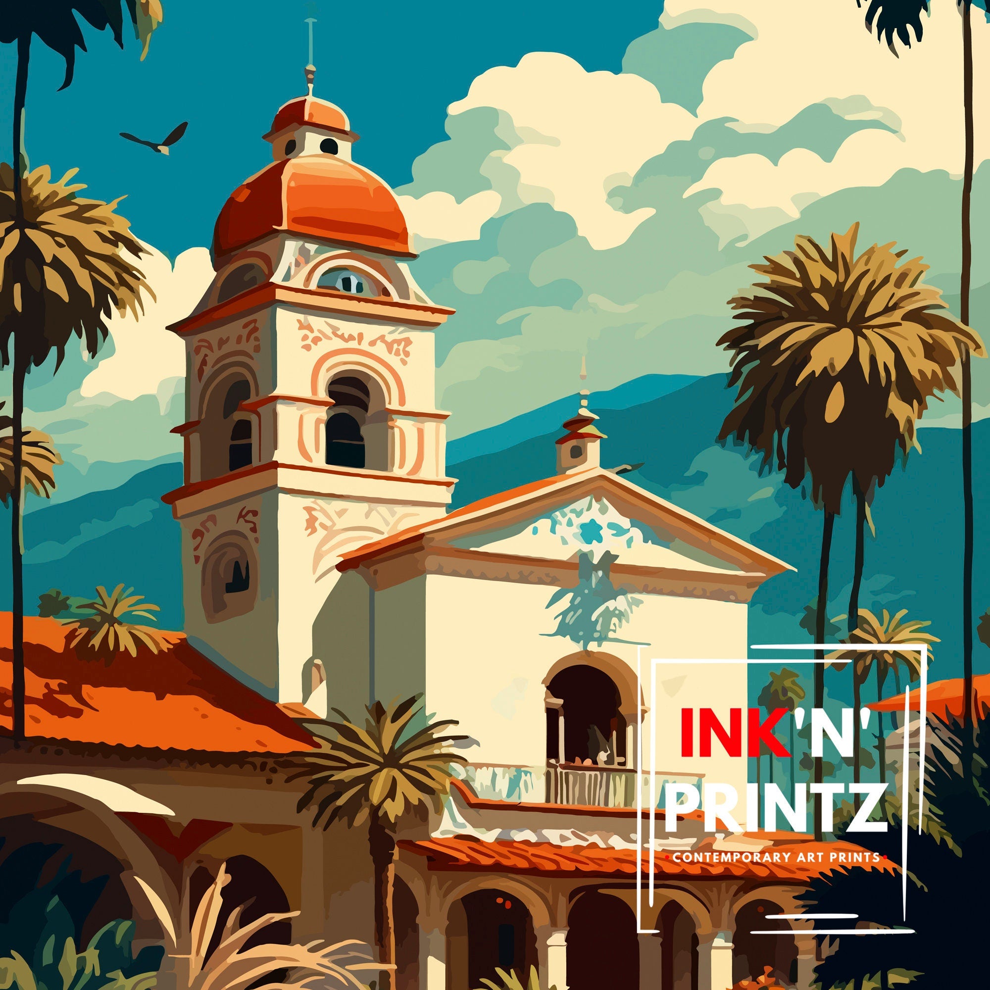 Santa Barbara California Travel Print| Wall Art, Home Decor Travel Poster Santa Barbara Illustration California Gift Santa Barbara Art