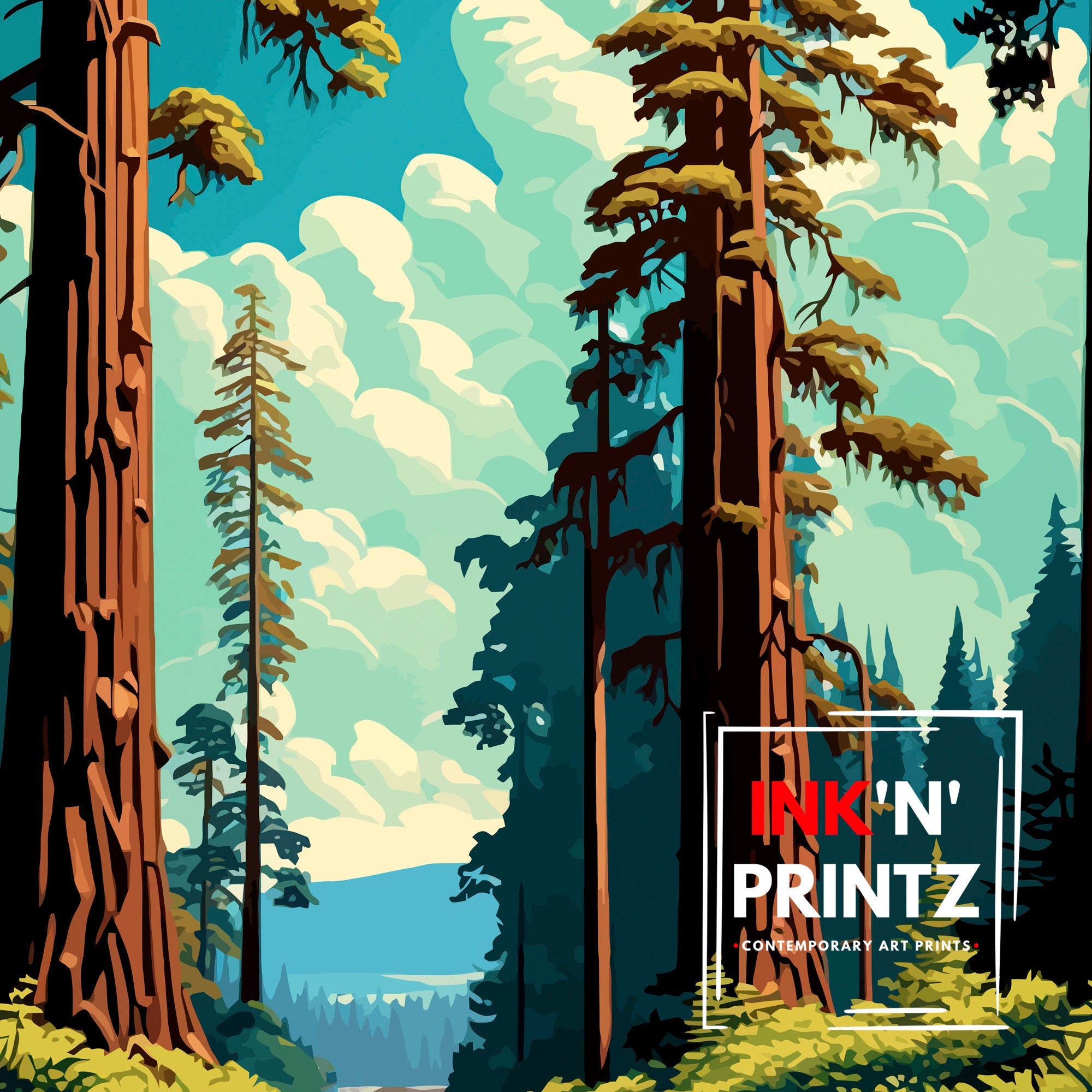 Redwood National Park Travel Print| Redwood Forest Wall Decor California Nature Illustration Travel Poster Gift for Outdoor Enthusiasts Home