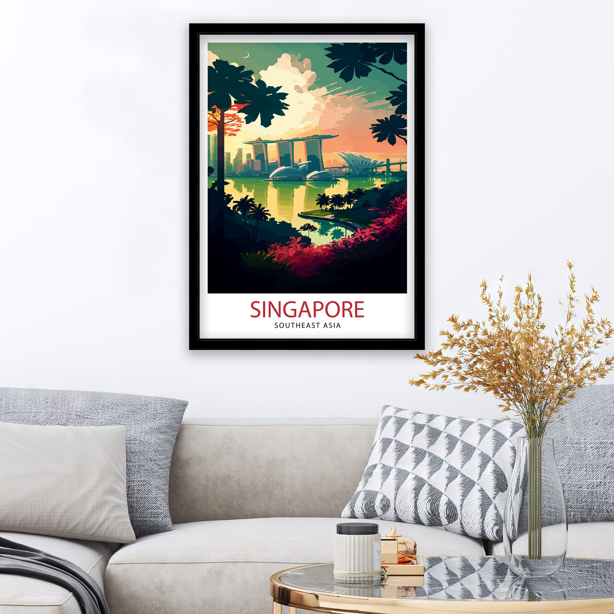 Singapore Skyline Travel Print, Cityscape Art