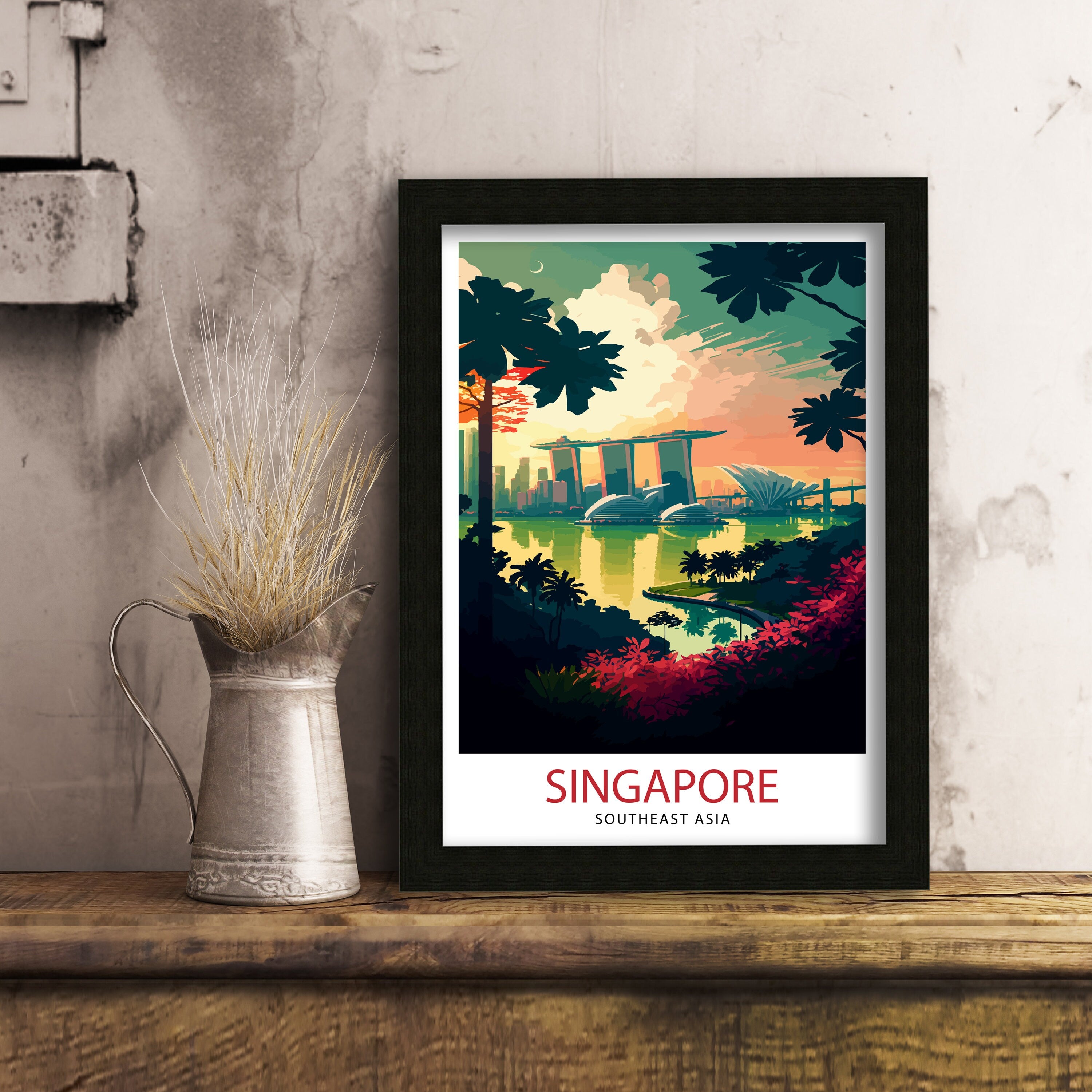 Singapore Skyline Travel Print, Cityscape Art