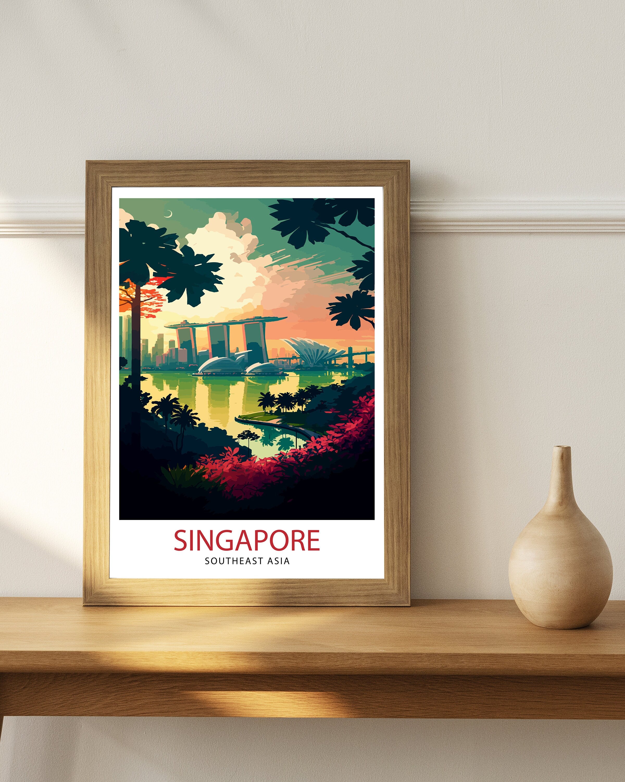Singapore Skyline Travel Print, Cityscape Art