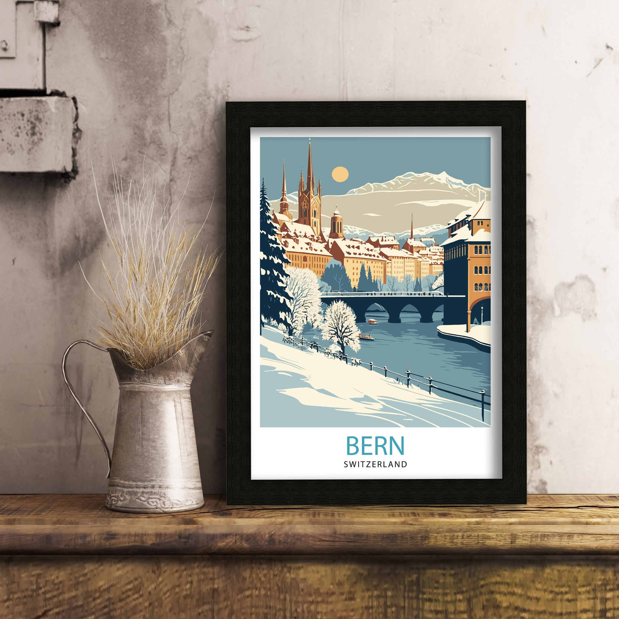 Bern Switzerland Travel Poster, Vintage Cityscape Art Print