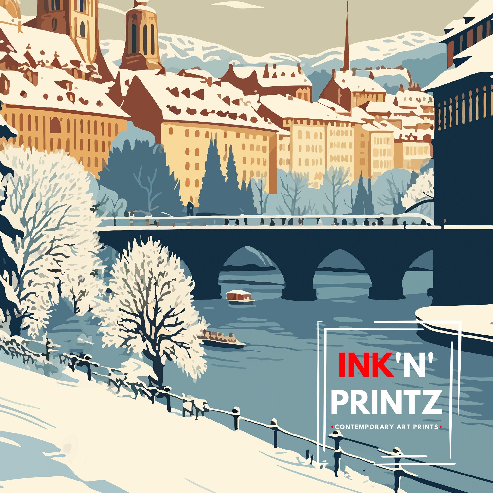 Bern Switzerland Travel Poster, Vintage Cityscape Art Print