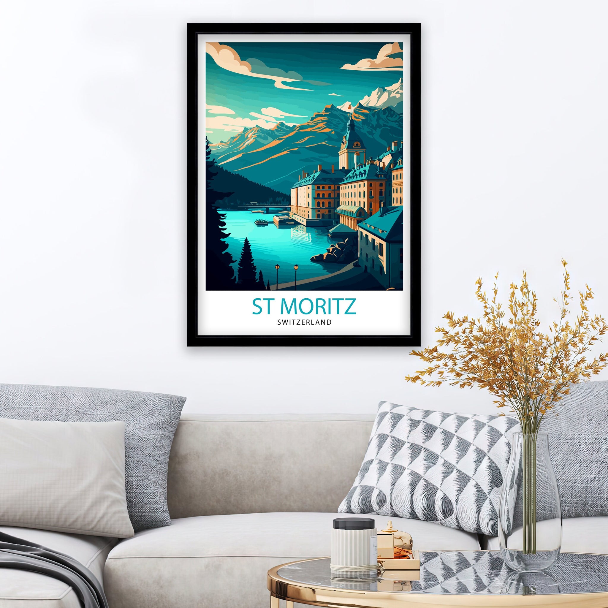 St. Moritz Switzerland Travel Print Wall Decor, Home Living Decor St. Moritz Illustration Travel Poster Gift For Switzerland Home Decor