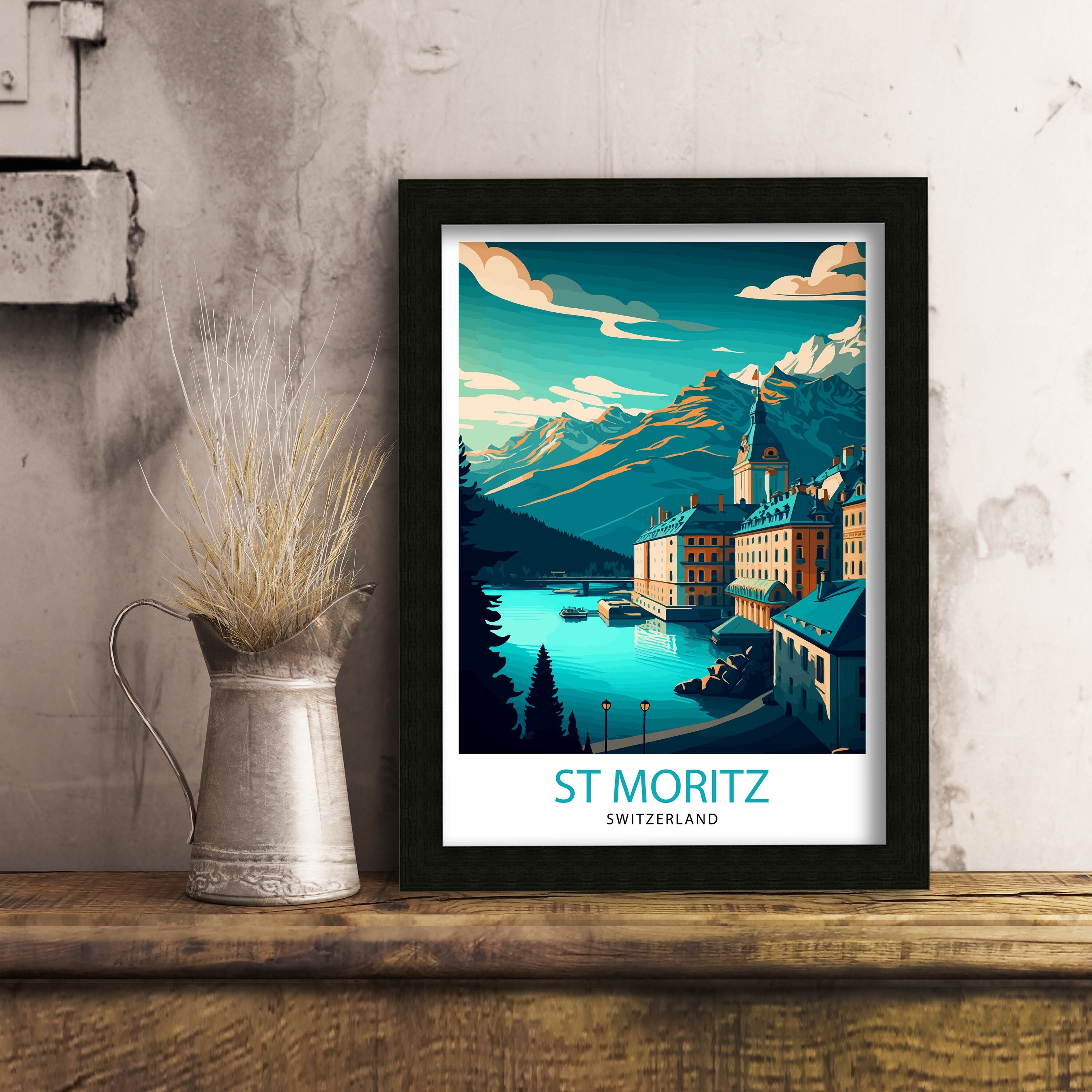 St. Moritz Switzerland Travel Print Wall Decor, Home Living Decor St. Moritz Illustration Travel Poster Gift For Switzerland Home Decor