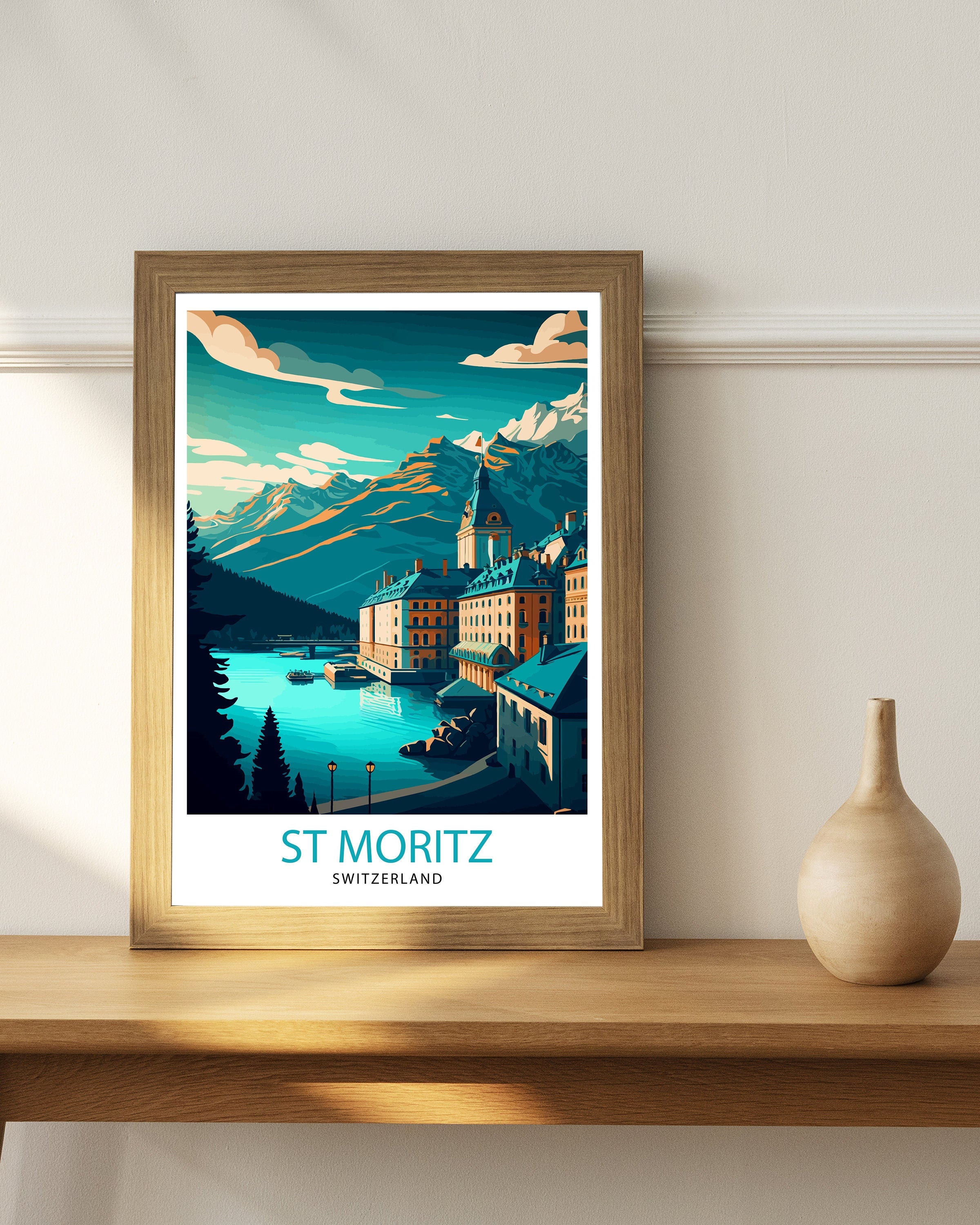 St. Moritz Switzerland Travel Print Wall Decor, Home Living Decor St. Moritz Illustration Travel Poster Gift For Switzerland Home Decor