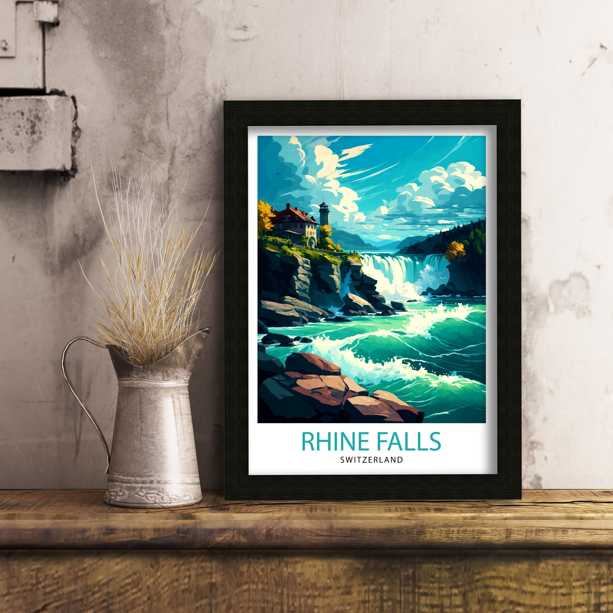 Rhine Falls Switzerland Print, Illustrated Travel Poster