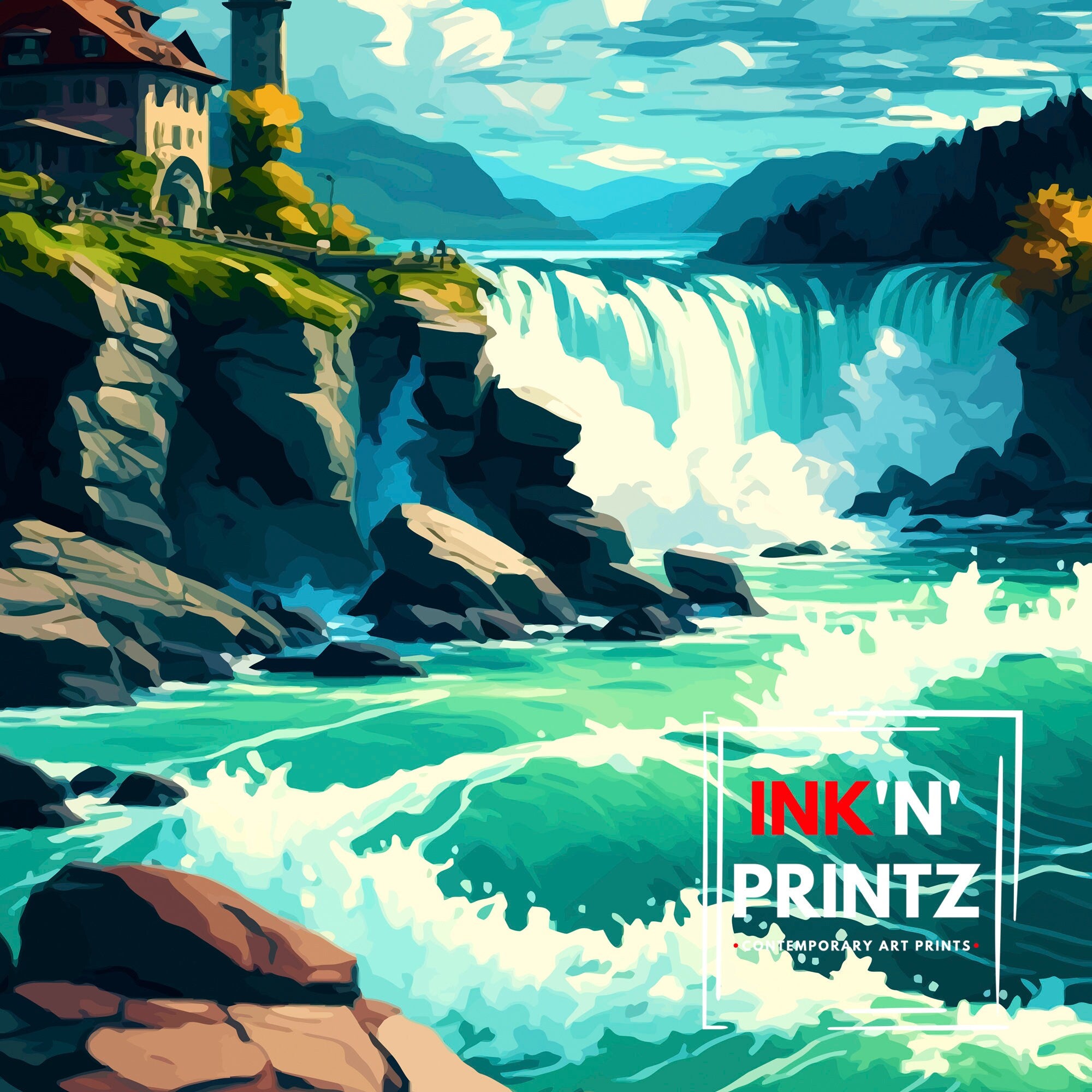 Rhine Falls Switzerland Print, Illustrated Travel Poster